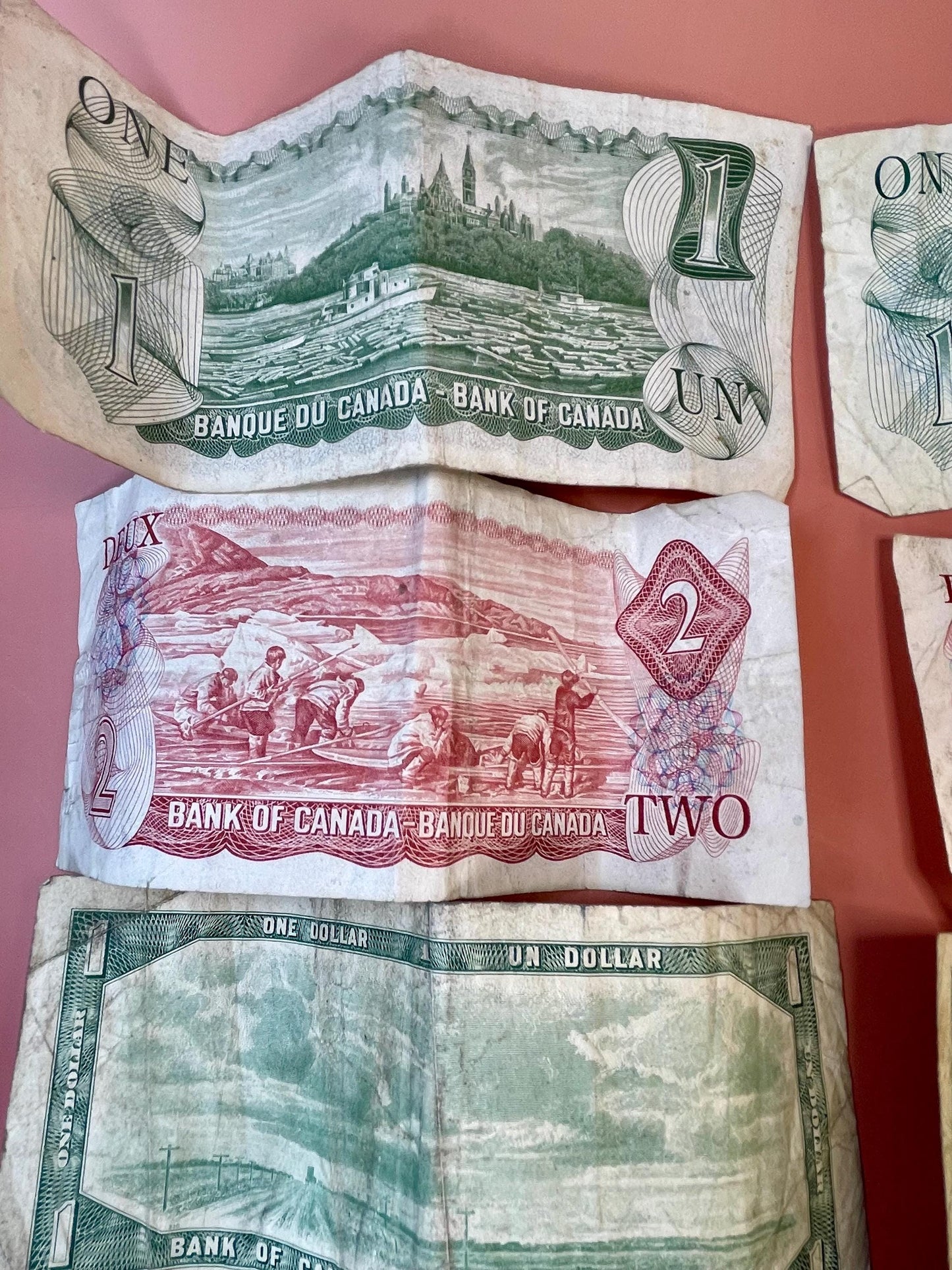 Old Canadian currency One and Two Dollar Bills