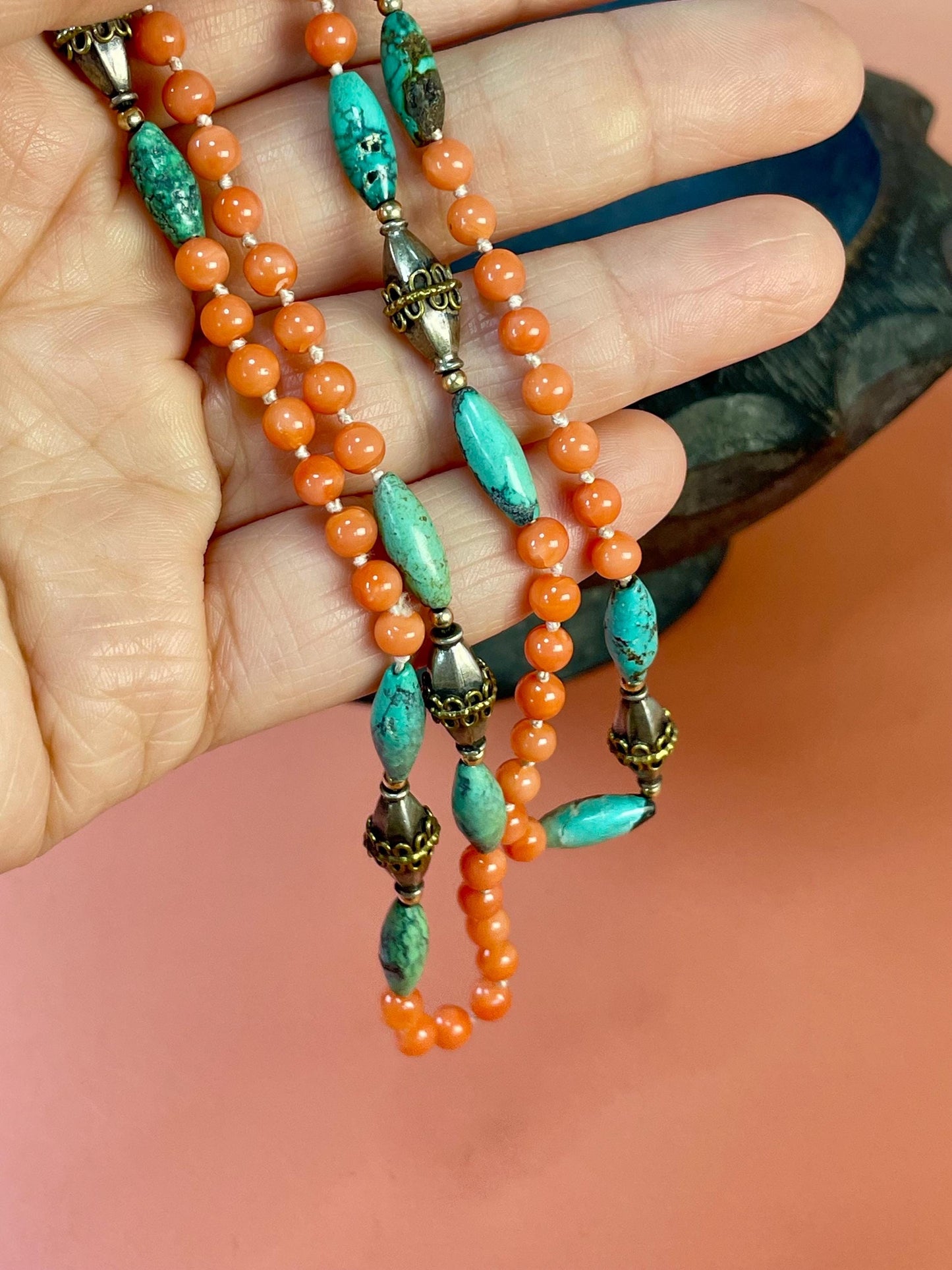 Antique Chinese Silver Coral and Turquoise Necklace