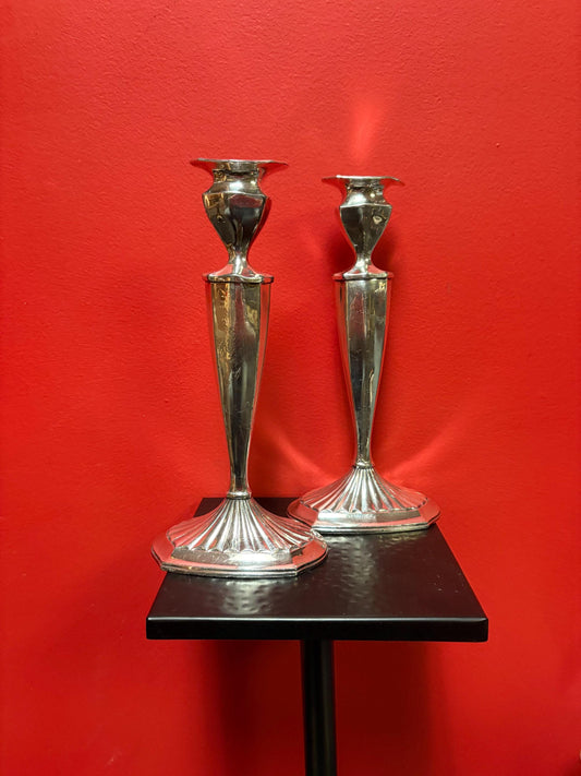 Lovely English silver plated candlesticks 10 inches tall not perfect and great value wedding gift
