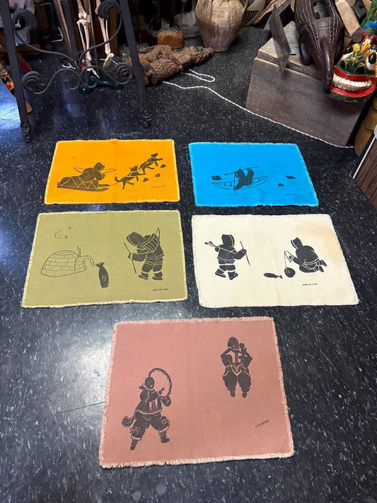 Set 5 Canadian Inuit linen MCM place mats  lovely quality and signed  price for set - 15 x 12 inch