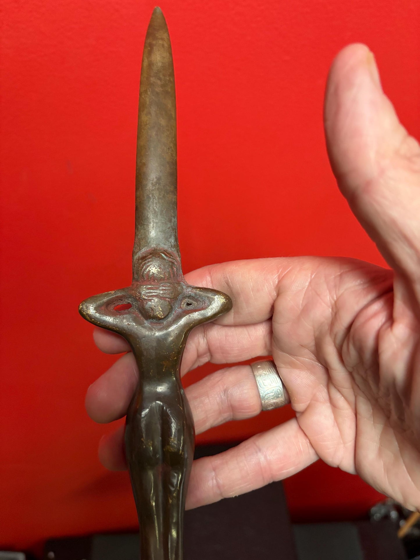Amazing 10 inch long antique trench art nude Lady letter opener  wonderful patina  great gift