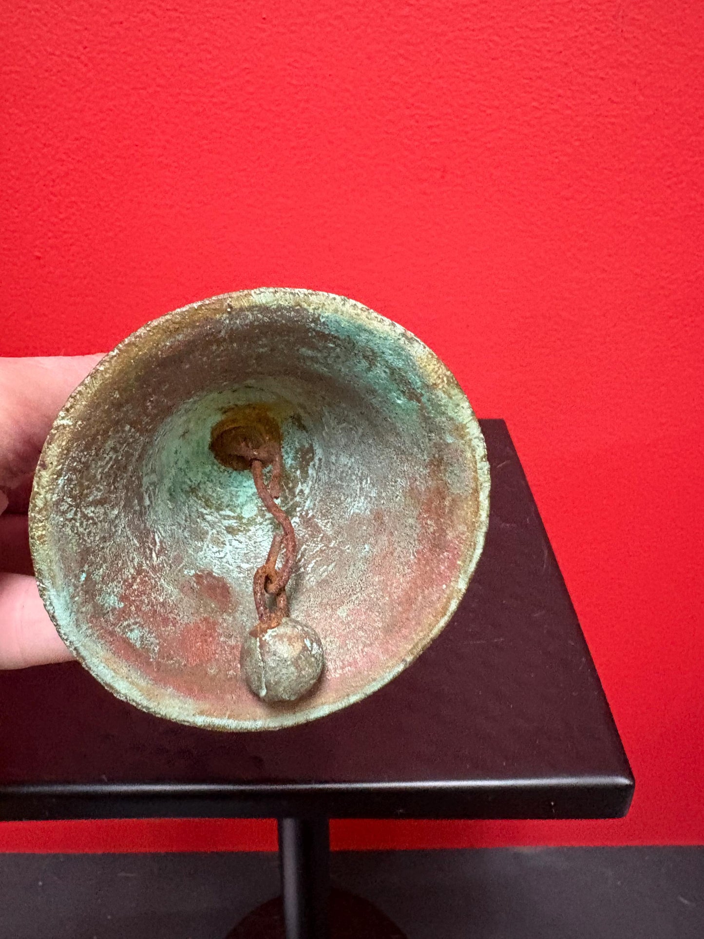 5 inch tall ancient bronze bell with great sound and amazing patina  wonderful piece and good value