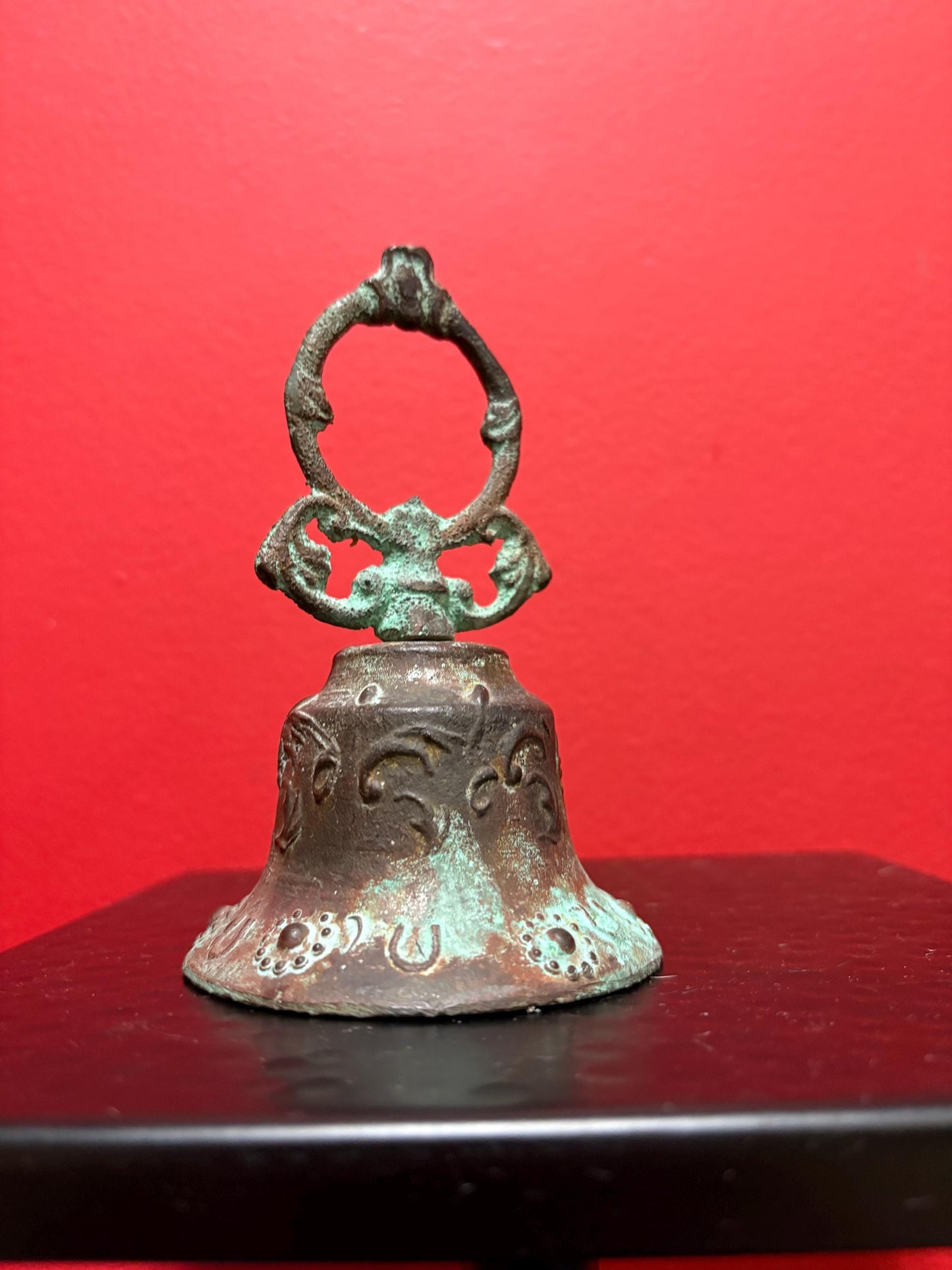 5 inch tall ancient bronze bell with great sound and amazing patina  wonderful piece and good value
