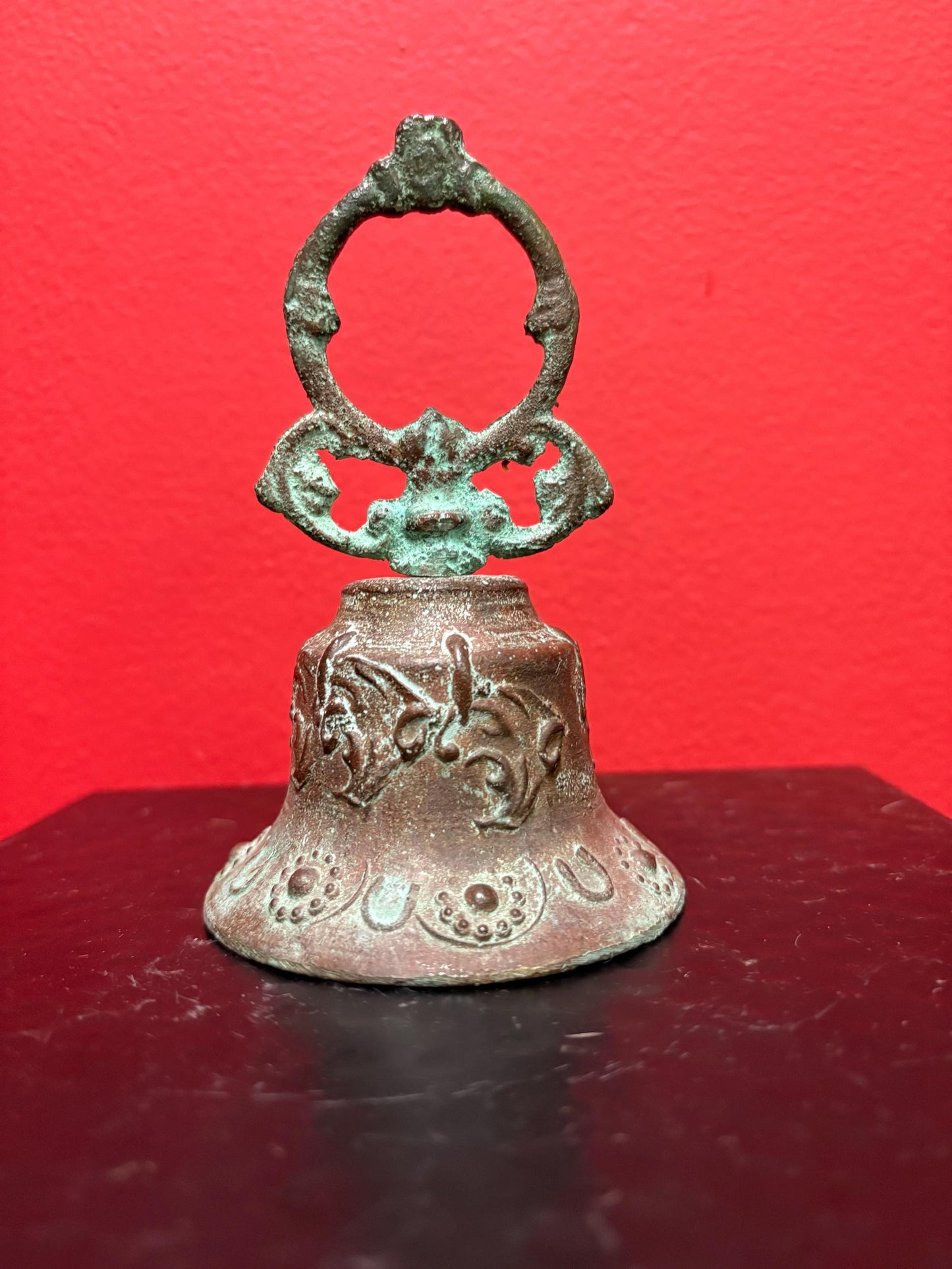5 inch tall ancient bronze bell with great sound and amazing patina  wonderful piece and good value