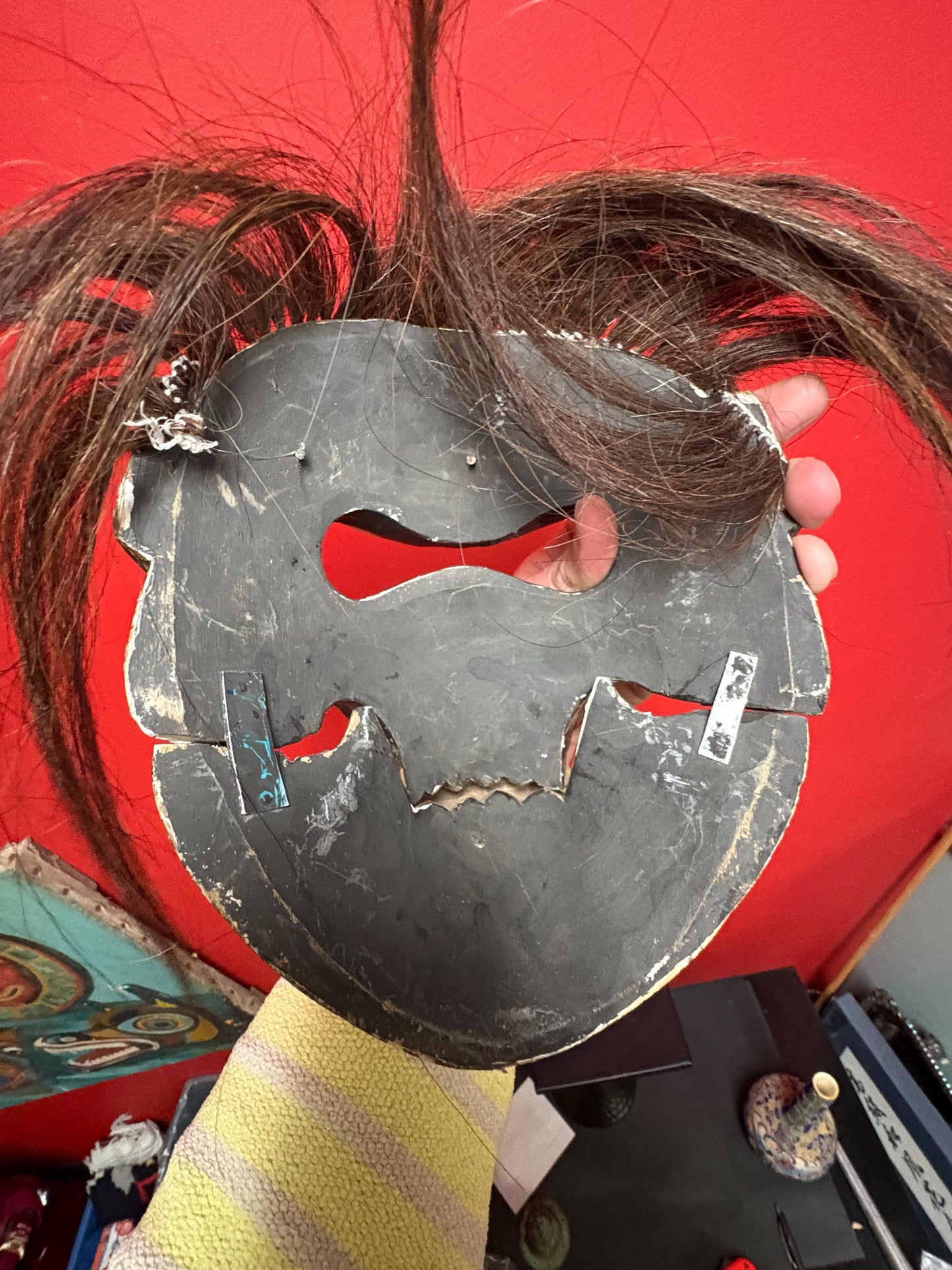 Lovely 9 inch Asian monkey mask  wooden with hair and reticulating jaw older cool piece