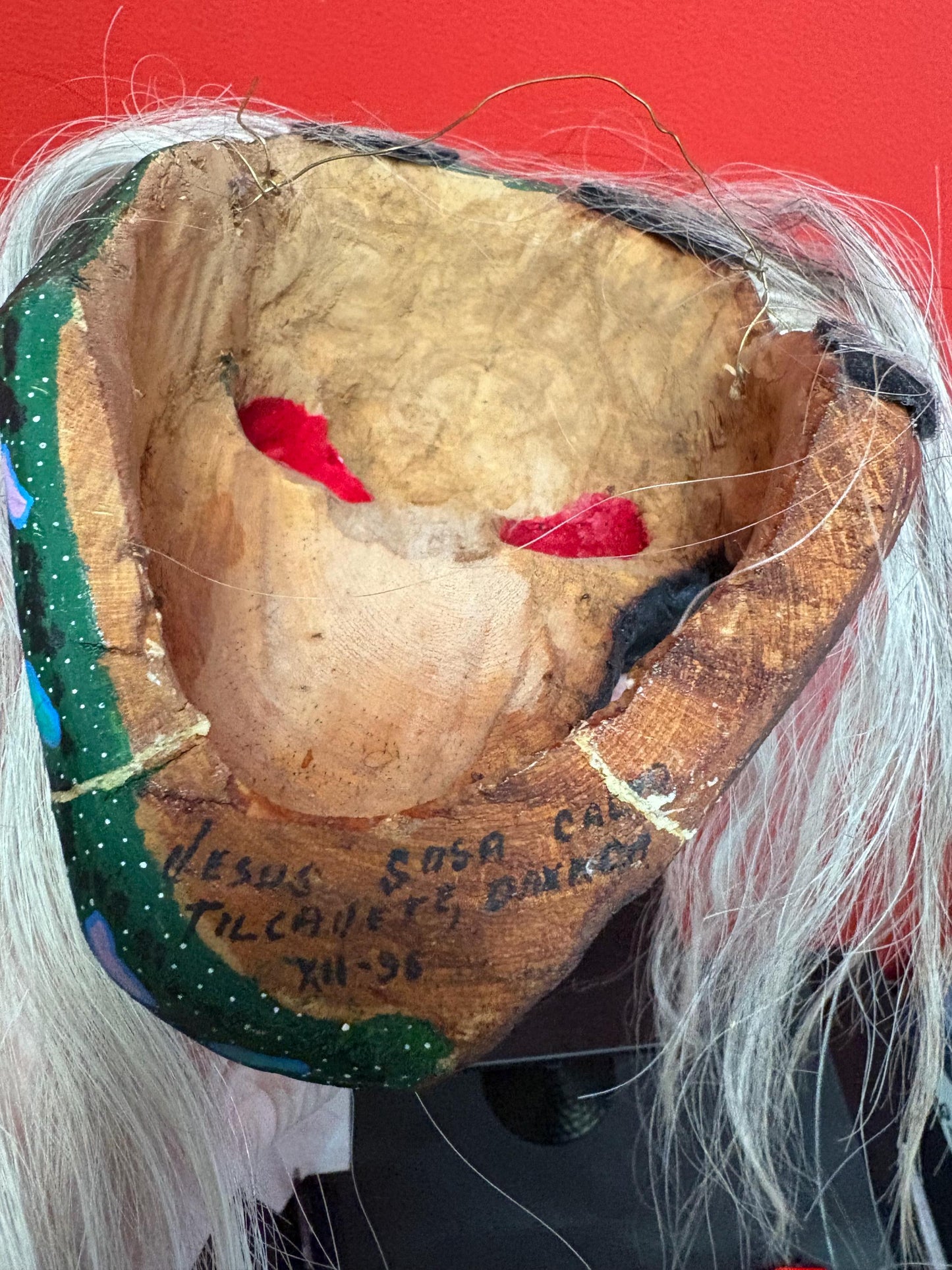 Magnificent  10 x 6 1/2 southwest American dancing mask - wooden with hair  signed and great detail