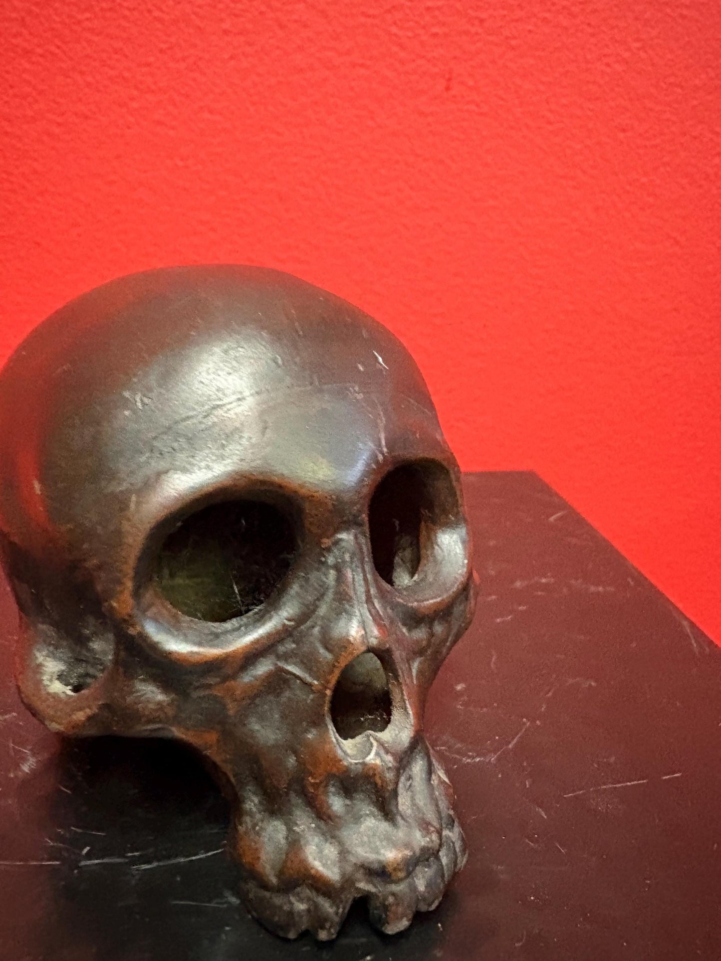 Stunning 3 inch old bronze skull bust   amazing patina  very heavy and great detail  special piece   perfect gift