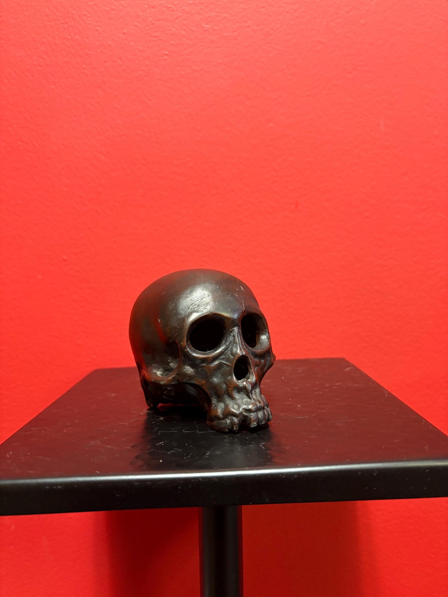 Stunning 3 inch old bronze skull bust   amazing patina  very heavy and great detail  special piece   perfect gift