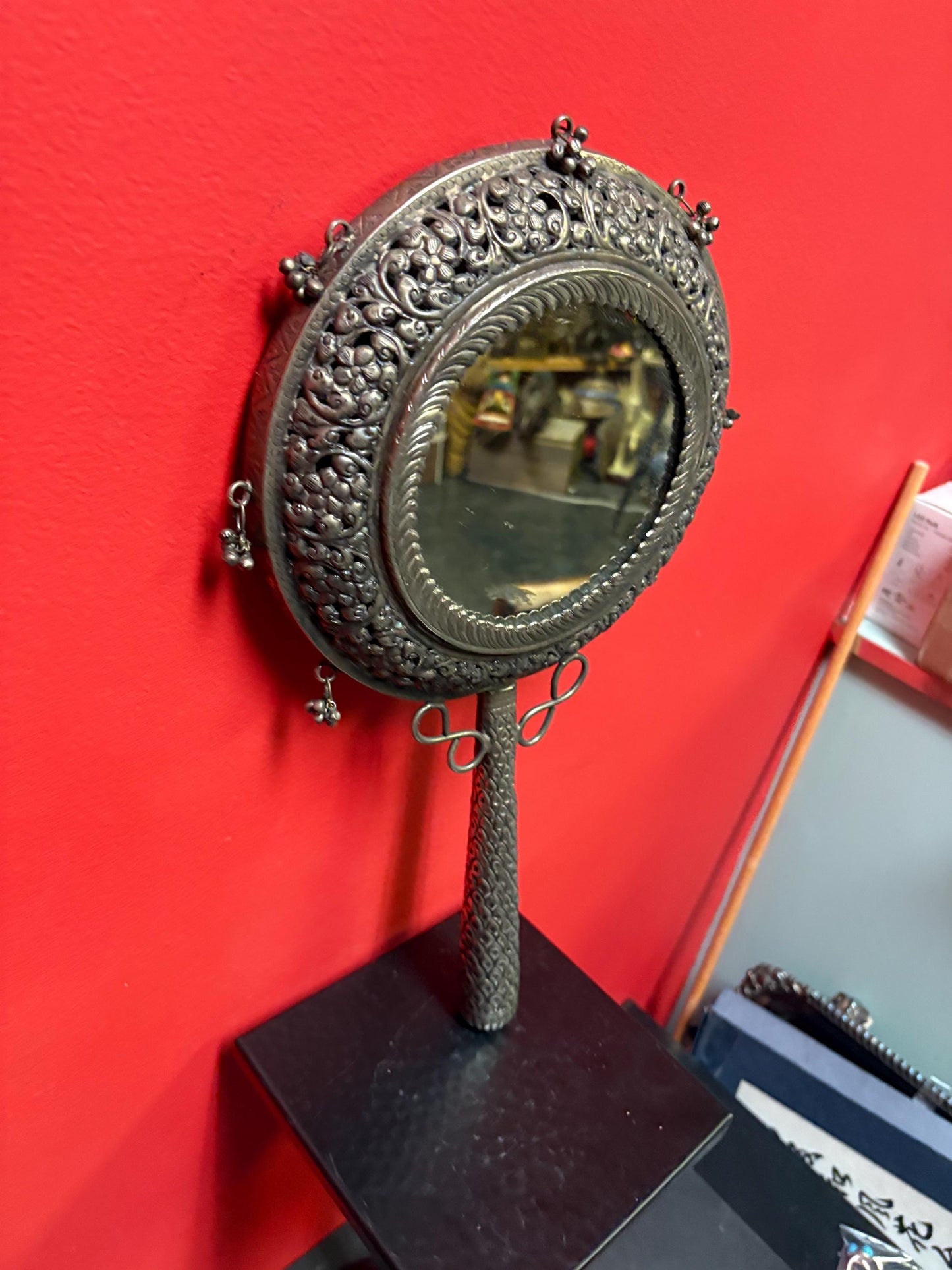 Stunning Persian untested 17 by 9 inch hand mirror - great antique condition and wonderful decor or gift  unusual and super detail - wow