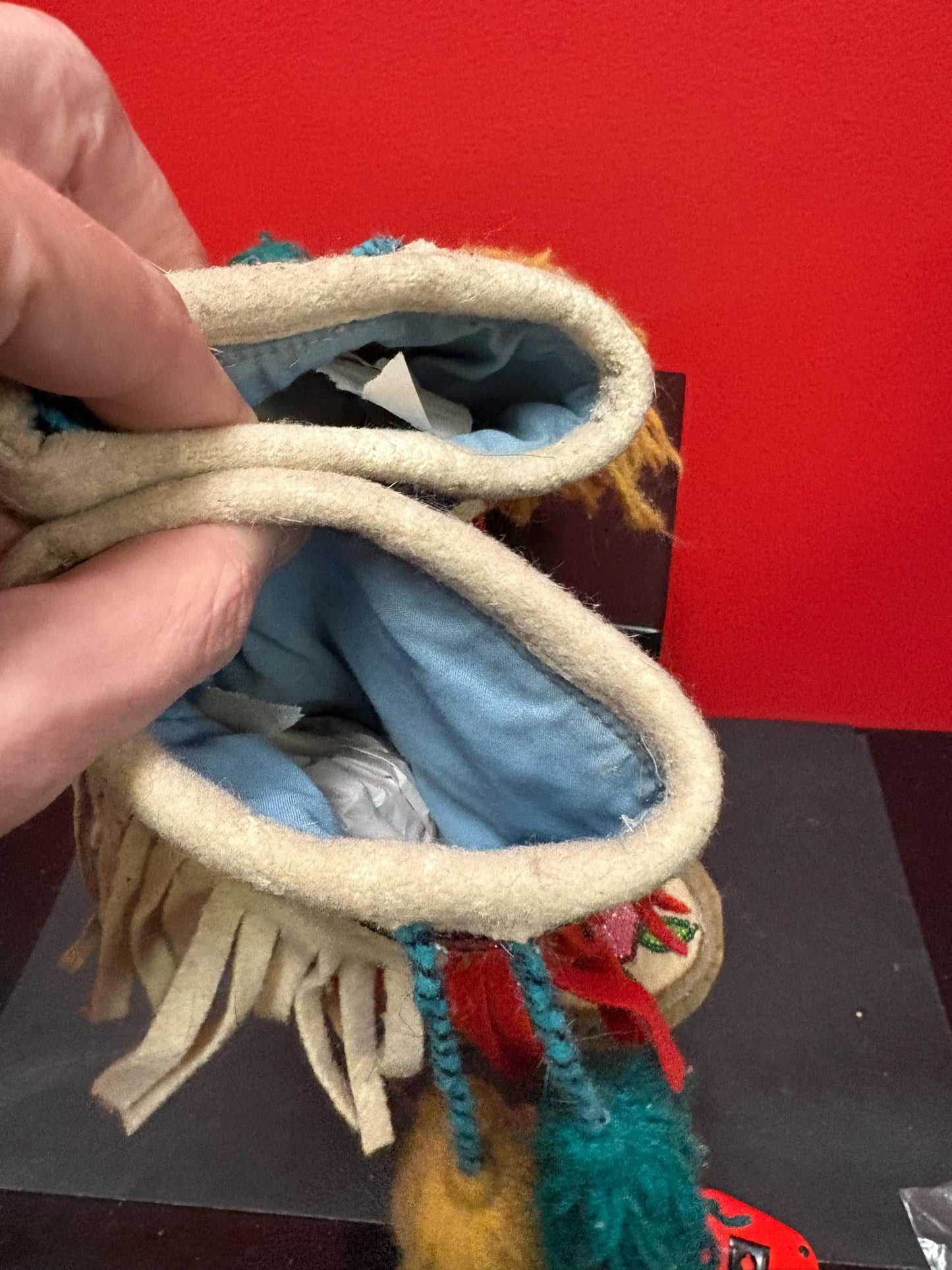 Beautiful first nation Pacific Northwest coast fabric and leather and beaded moccasin boots good antique condition 7 x 8 inches high-