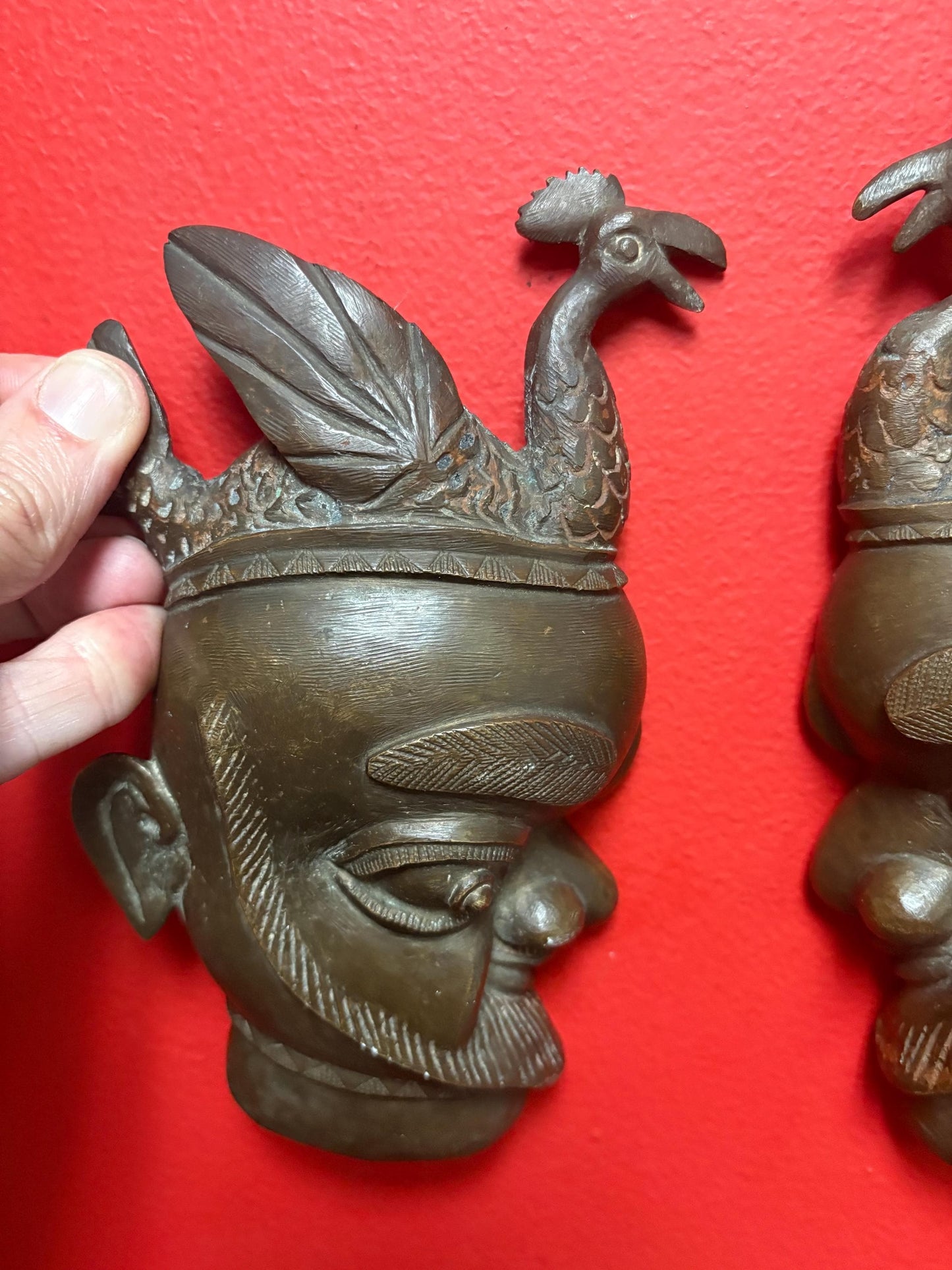 Pr African Benin bronze 18th century masks  8 x 4 inches wide - great detail and heavy  really special pair