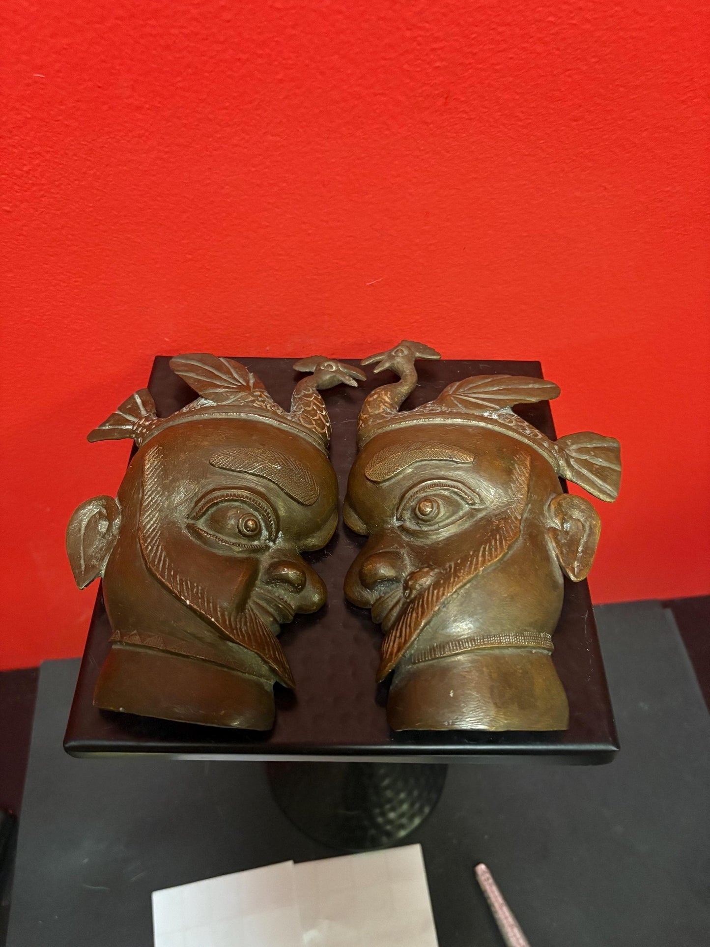 Pr African Benin bronze 18th century masks  8 x 4 inches wide - great detail and heavy  really special pair