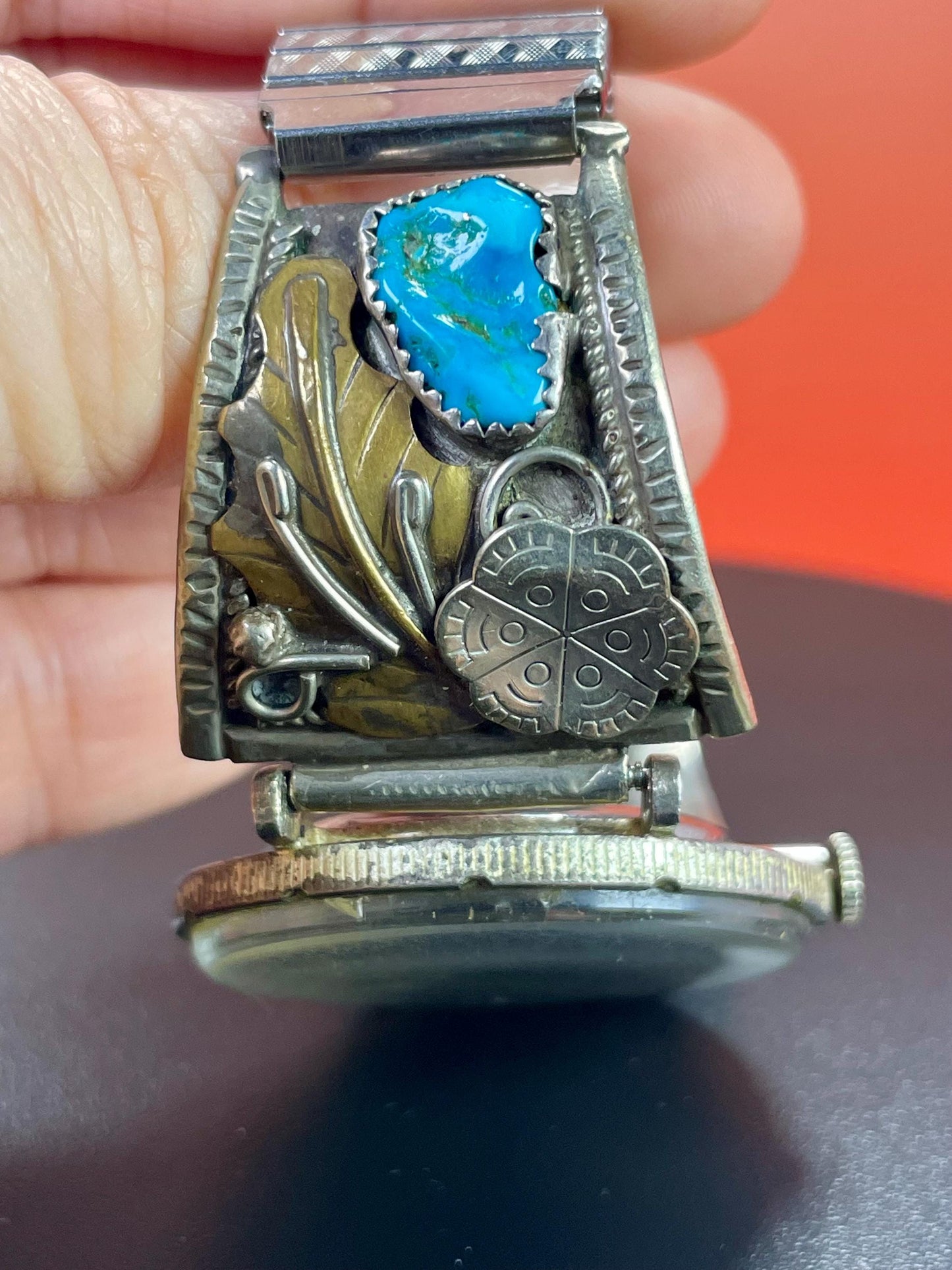 Lovely Navajo watch with coin face and expandible band  sold as is  good project and great value