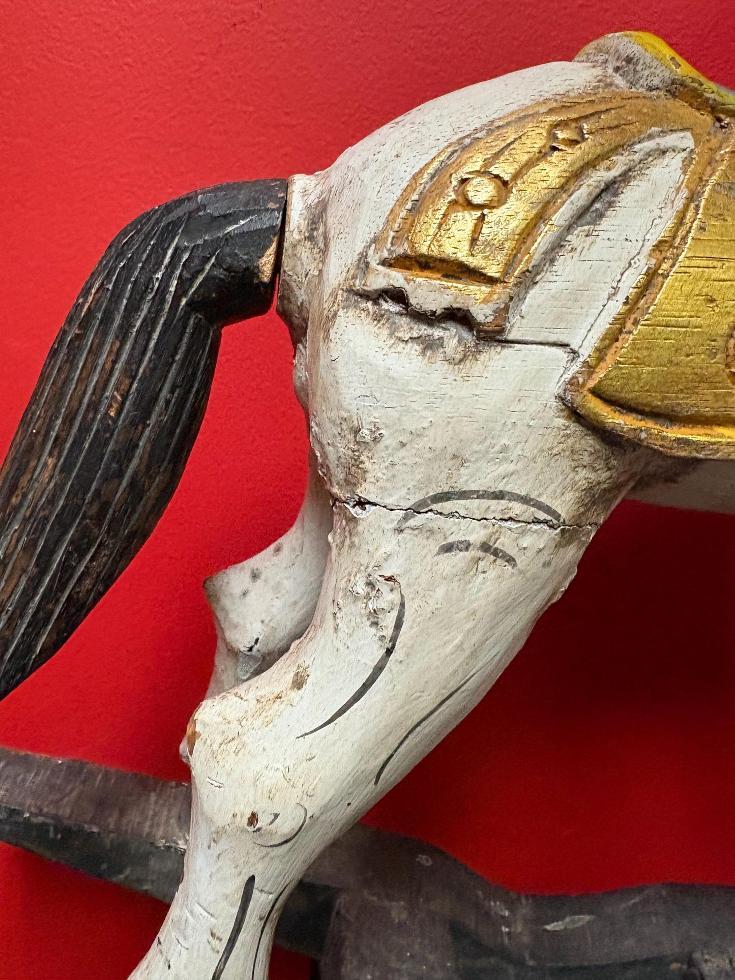 19 x 21“ high antique primitive wooden polychrome painted rocking horse in used condition  see photos  perfect home or cabin decor