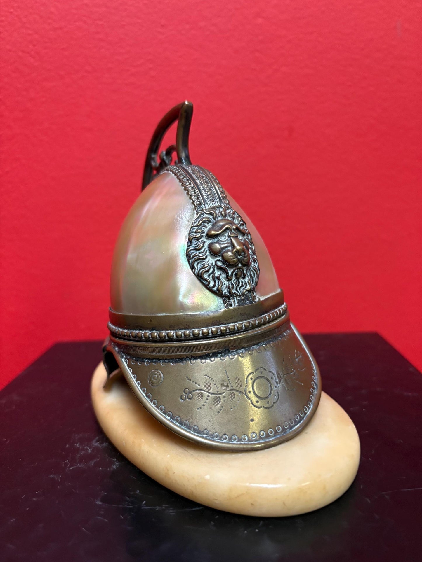 Magnificent antique French mens military pocket watch holder in the shape of a helmet with brass onyx and abalone in mint condition  5 x 5