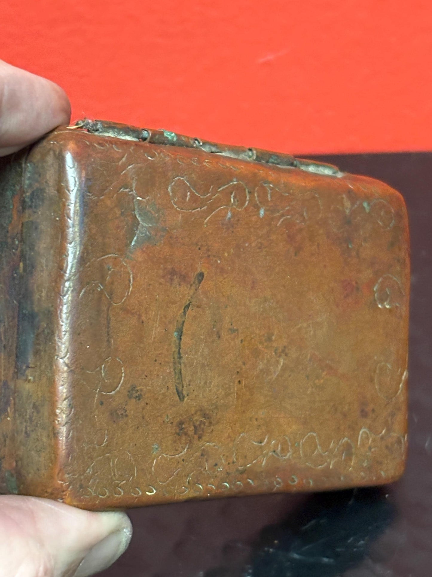 Remarkable ancient Chinese copper snuff  box   4 x 2.5 x .5 high- intensely simple  wow