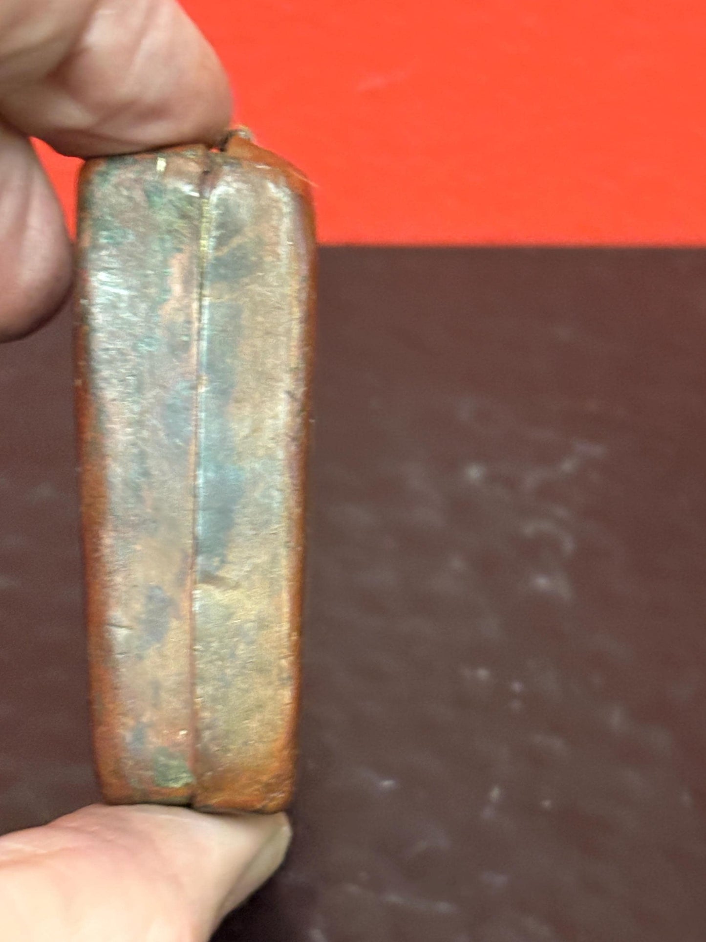 Remarkable ancient Chinese copper snuff  box   4 x 2.5 x .5 high- intensely simple  wow