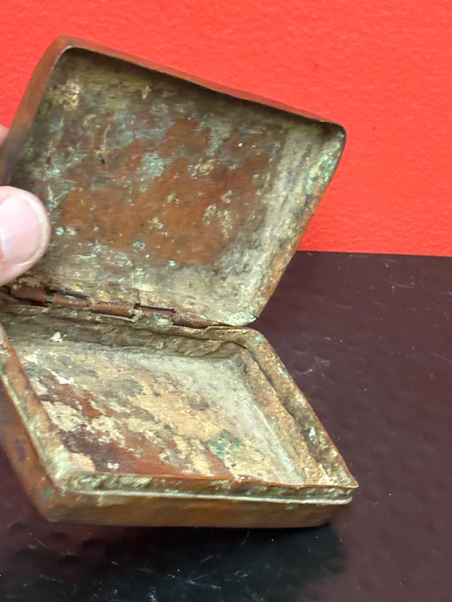 Remarkable ancient Chinese copper snuff  box   4 x 2.5 x .5 high- intensely simple  wow