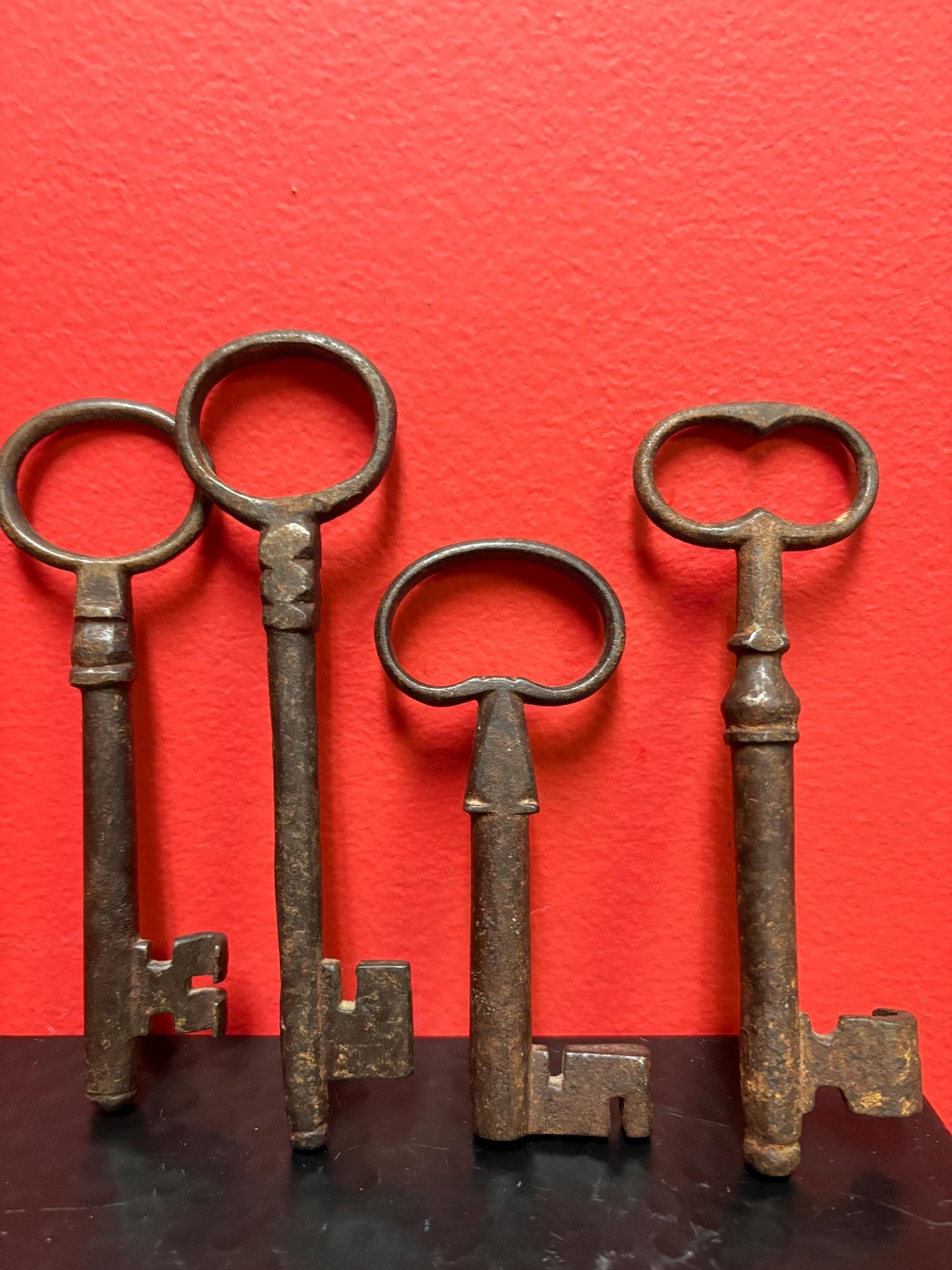 group of antique authentic early 19 century door keys — wonderful Patina — 4.5 to 6 inches tall each