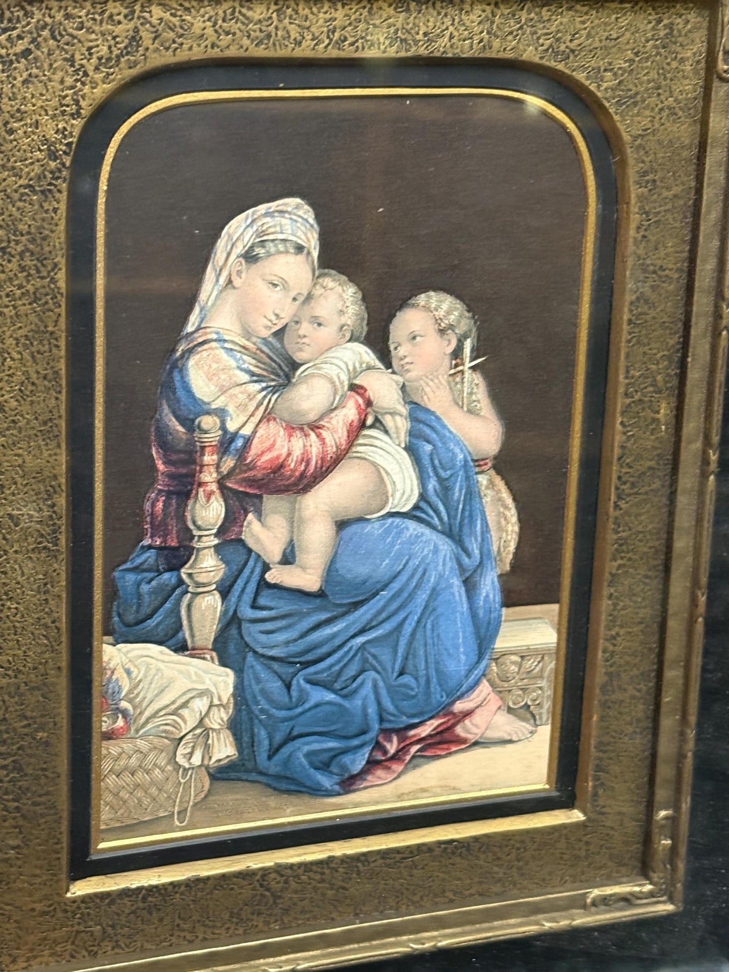 Stunning authentic English Baxter print in wonderful GILT and mahogany frame - the holy family by Rafael  11 x 9.5- religious Baxter print
