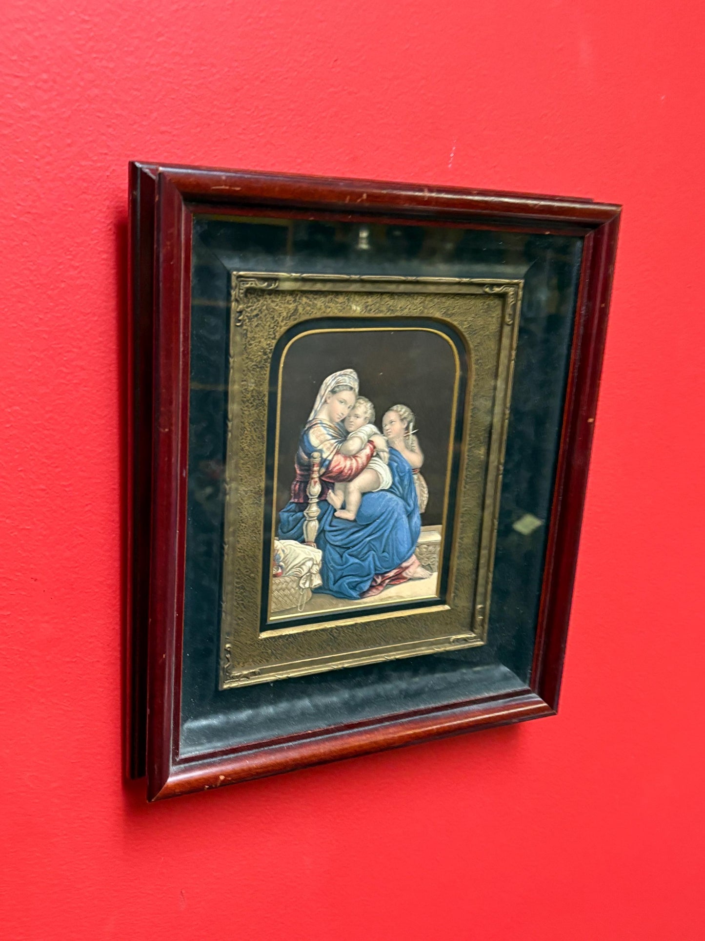 Stunning authentic English Baxter print in wonderful GILT and mahogany frame - the holy family by Rafael  11 x 9.5- religious Baxter print