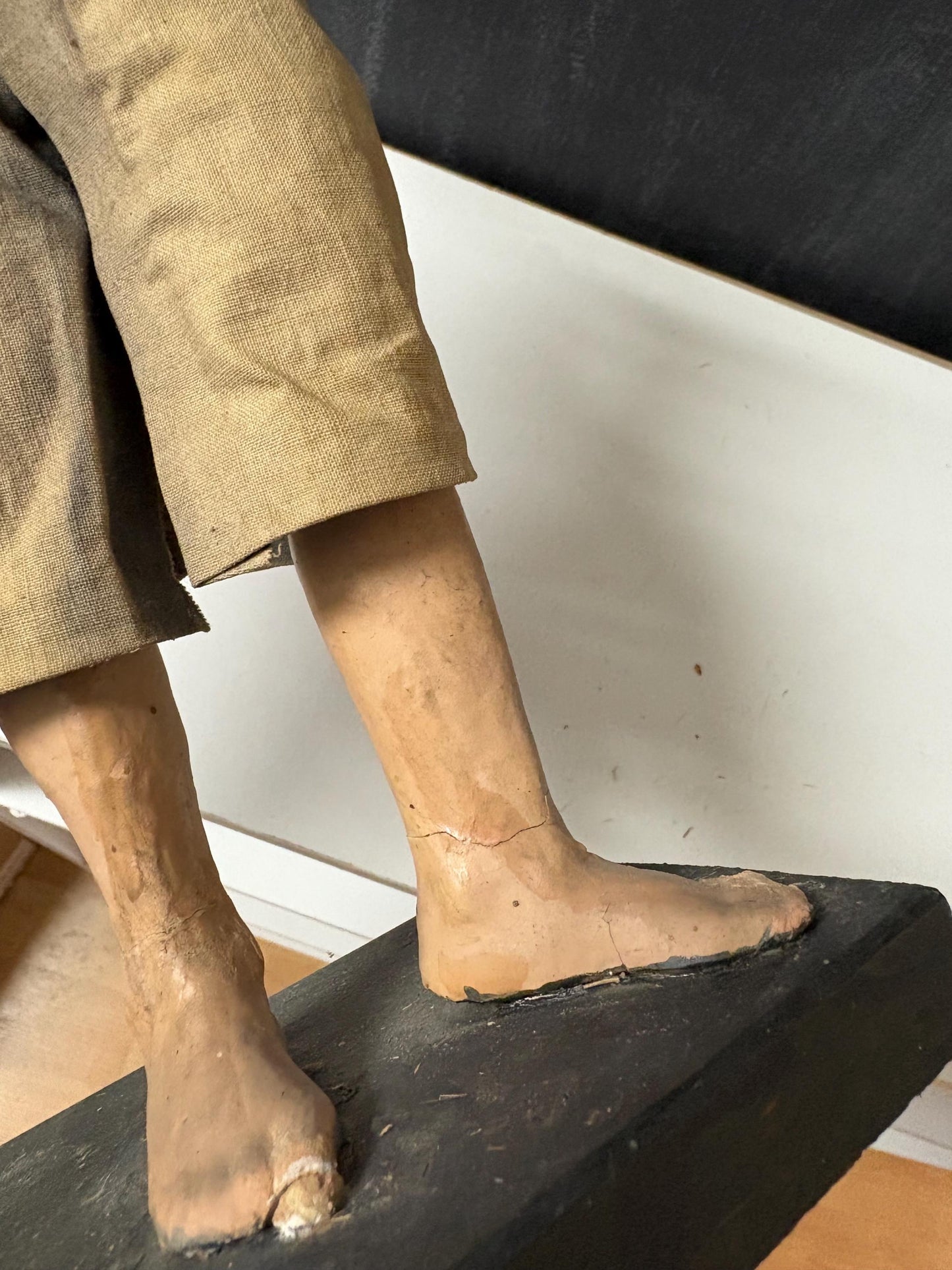 Stunning Chinese  18th century porcelain newspaper, straw and cloth statue of a man on wood stand  wow - 15 inches tall