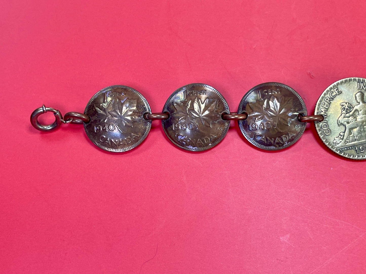Lovely old handmade 7.5 inch long Canadian Penny bracelet   unique and wonderful gift