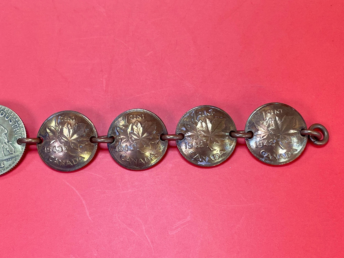 Lovely old handmade 7.5 inch long Canadian Penny bracelet   unique and wonderful gift