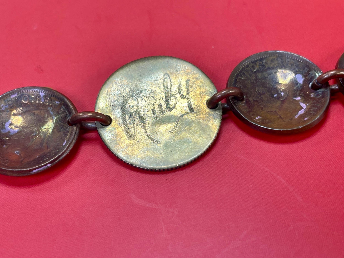 Lovely old handmade 7.5 inch long Canadian Penny bracelet   unique and wonderful gift