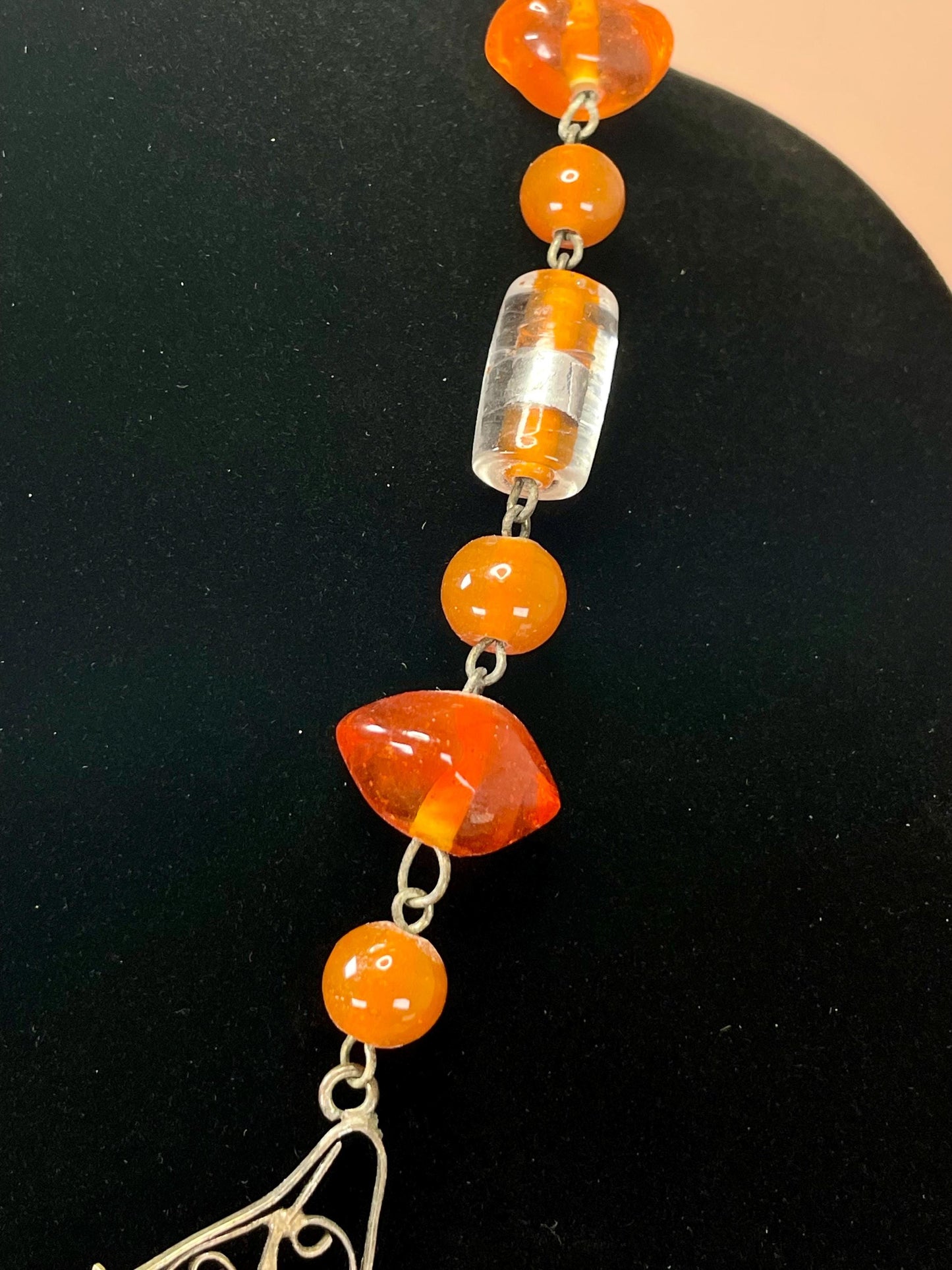 Cute Boho Vintage Statement Necklace  Metal and Amber