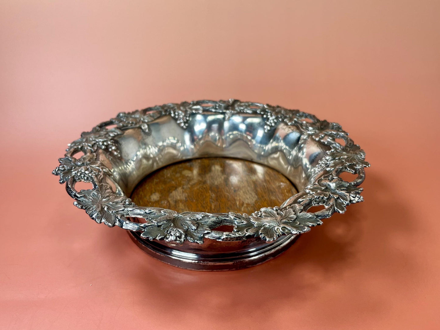 English Silver-Plated Wine Coaster with Ornate Grapevine Design