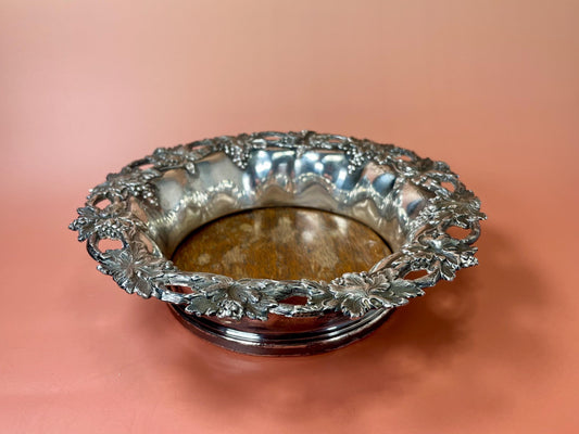 English Silver-Plated Wine Coaster with Ornate Grapevine Design