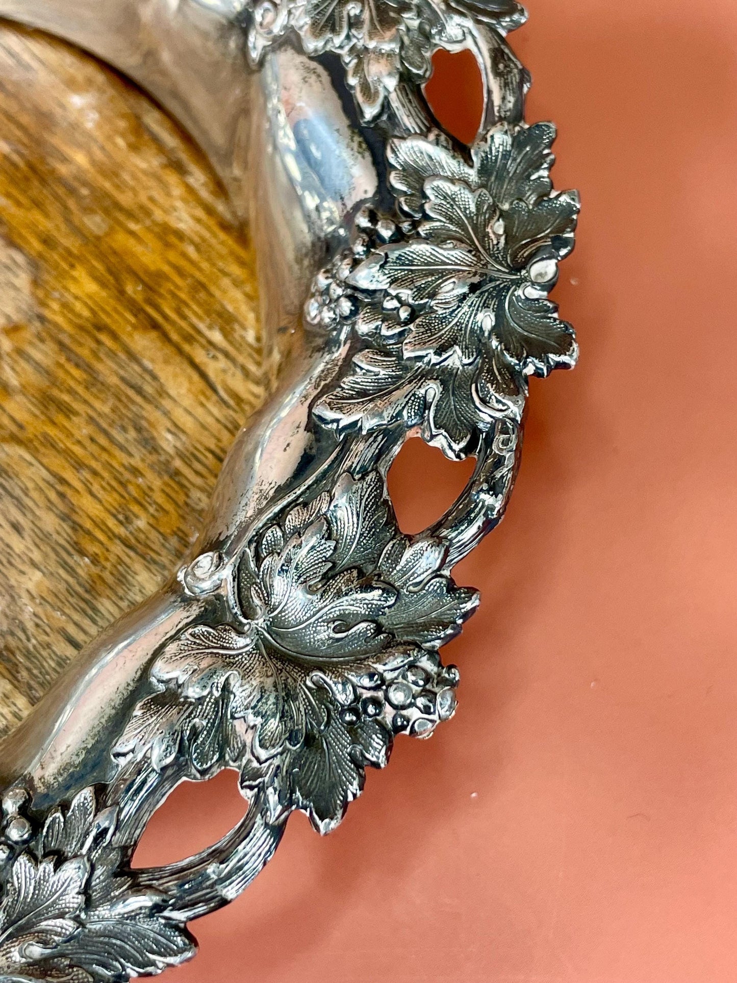 English Silver-Plated Wine Coaster with Ornate Grapevine Design