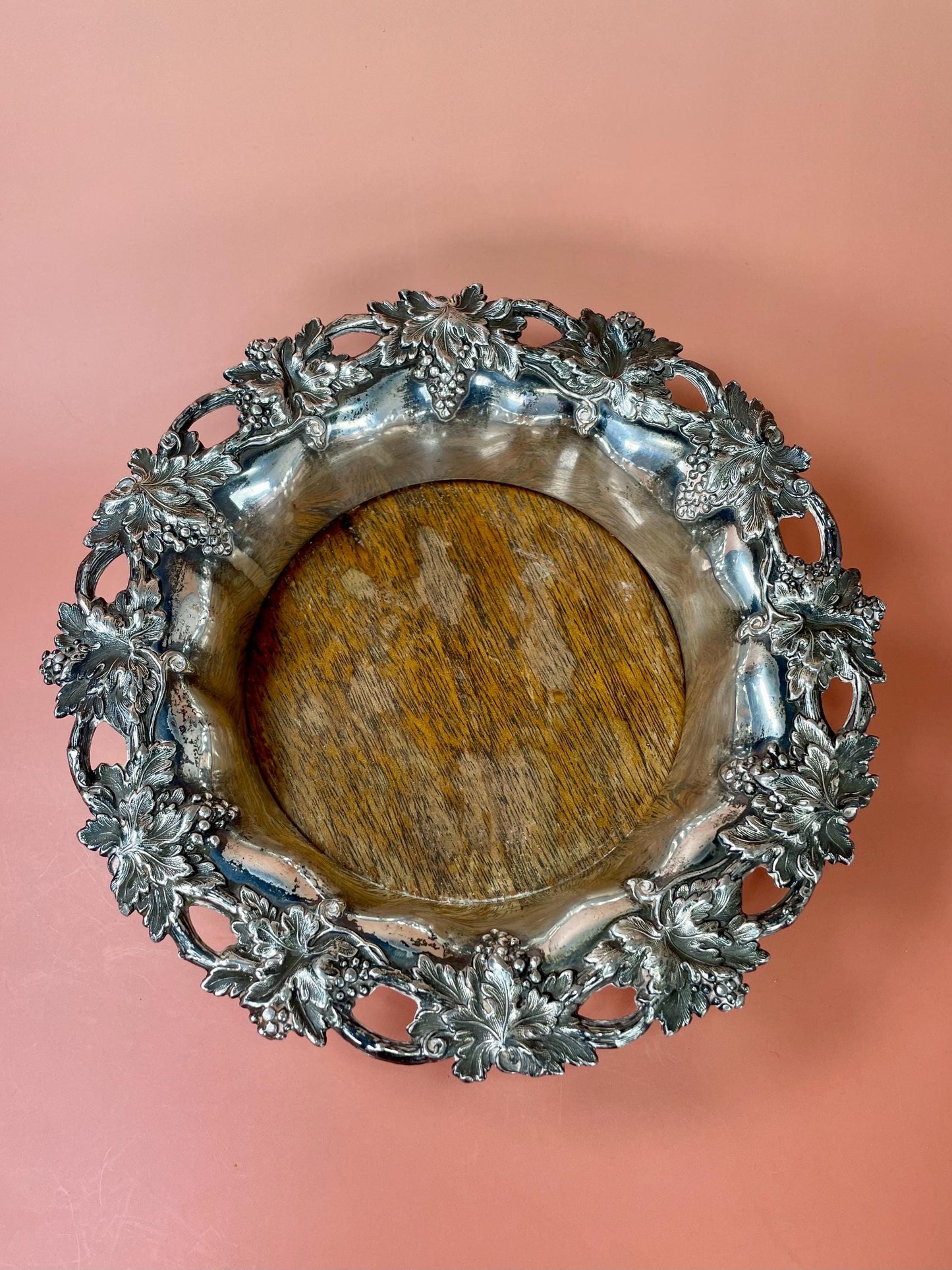 English Silver-Plated Wine Coaster with Ornate Grapevine Design