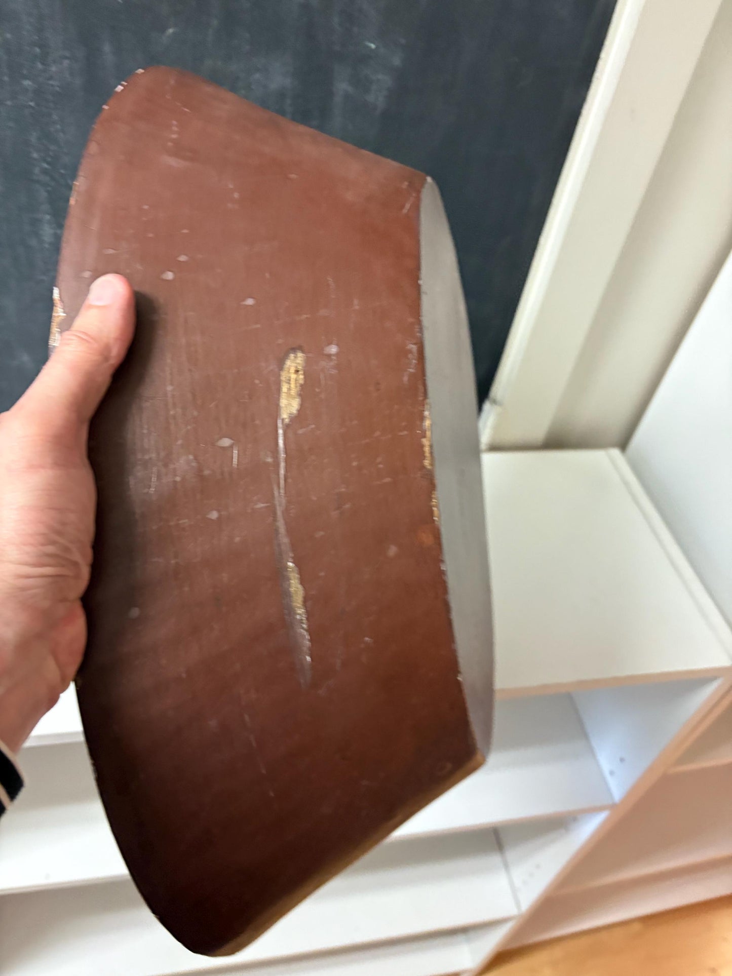 Antique heavy wooden Bowl with abalone inlay - 20 x 12 x 6 high  mystery origin - great decoration, or to use