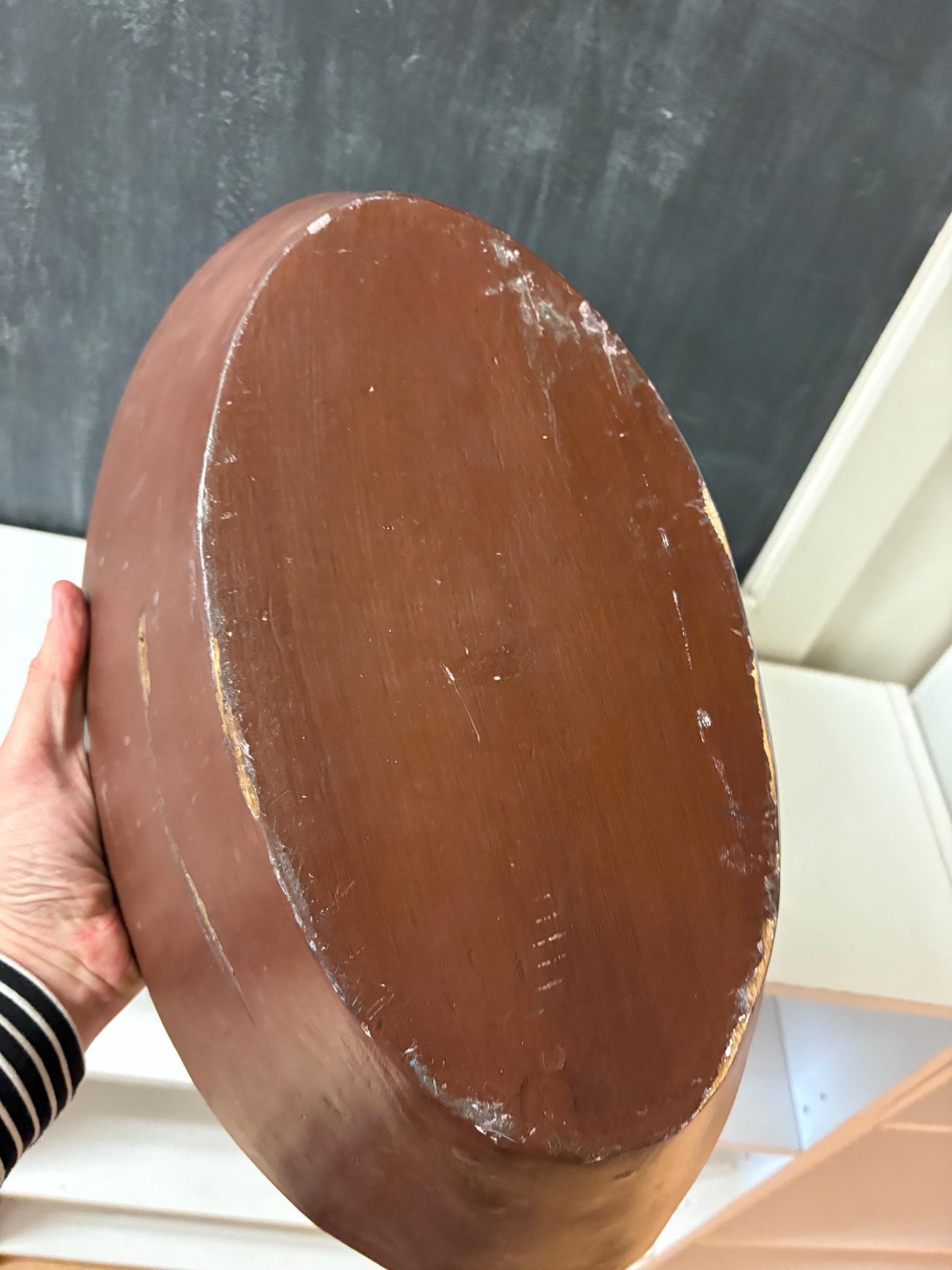 Antique heavy wooden Bowl with abalone inlay - 20 x 12 x 6 high  mystery origin - great decoration, or to use
