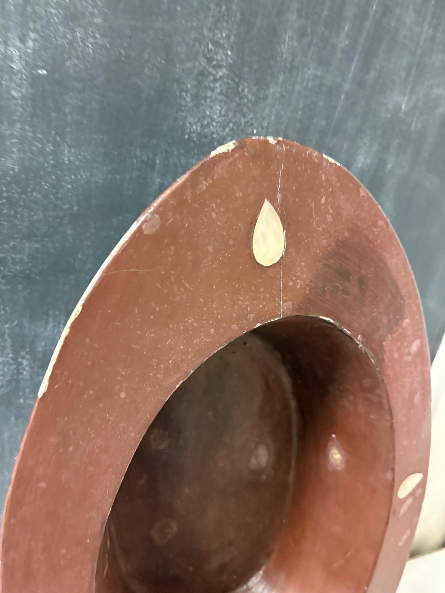 Antique heavy wooden Bowl with abalone inlay - 20 x 12 x 6 high  mystery origin - great decoration, or to use