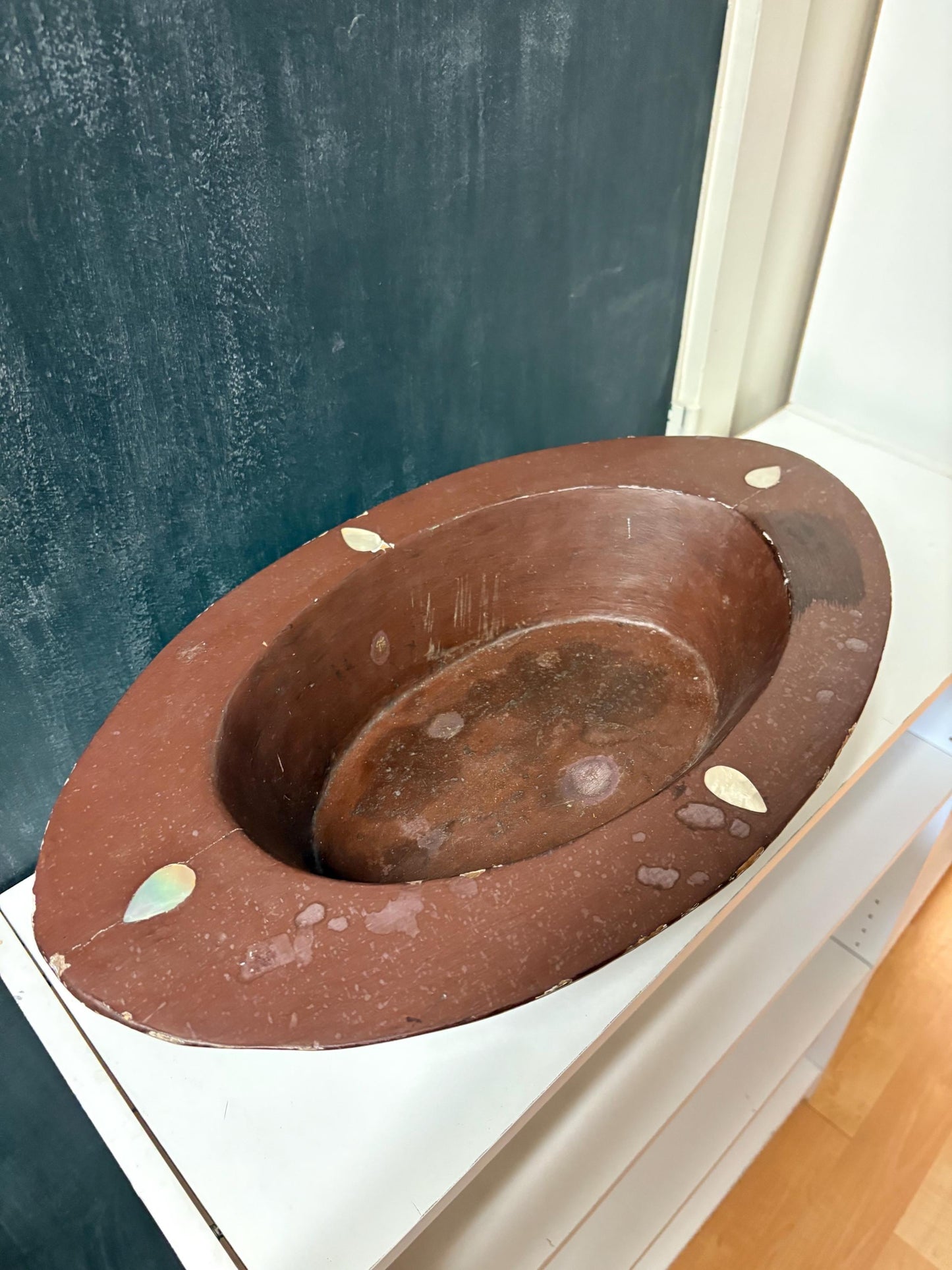 Antique heavy wooden Bowl with abalone inlay - 20 x 12 x 6 high  mystery origin - great decoration, or to use