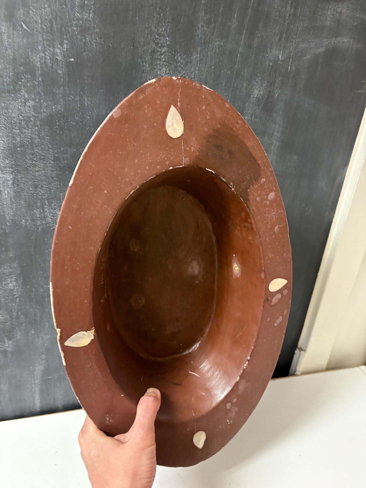 Antique heavy wooden Bowl with abalone inlay - 20 x 12 x 6 high  mystery origin - great decoration, or to use