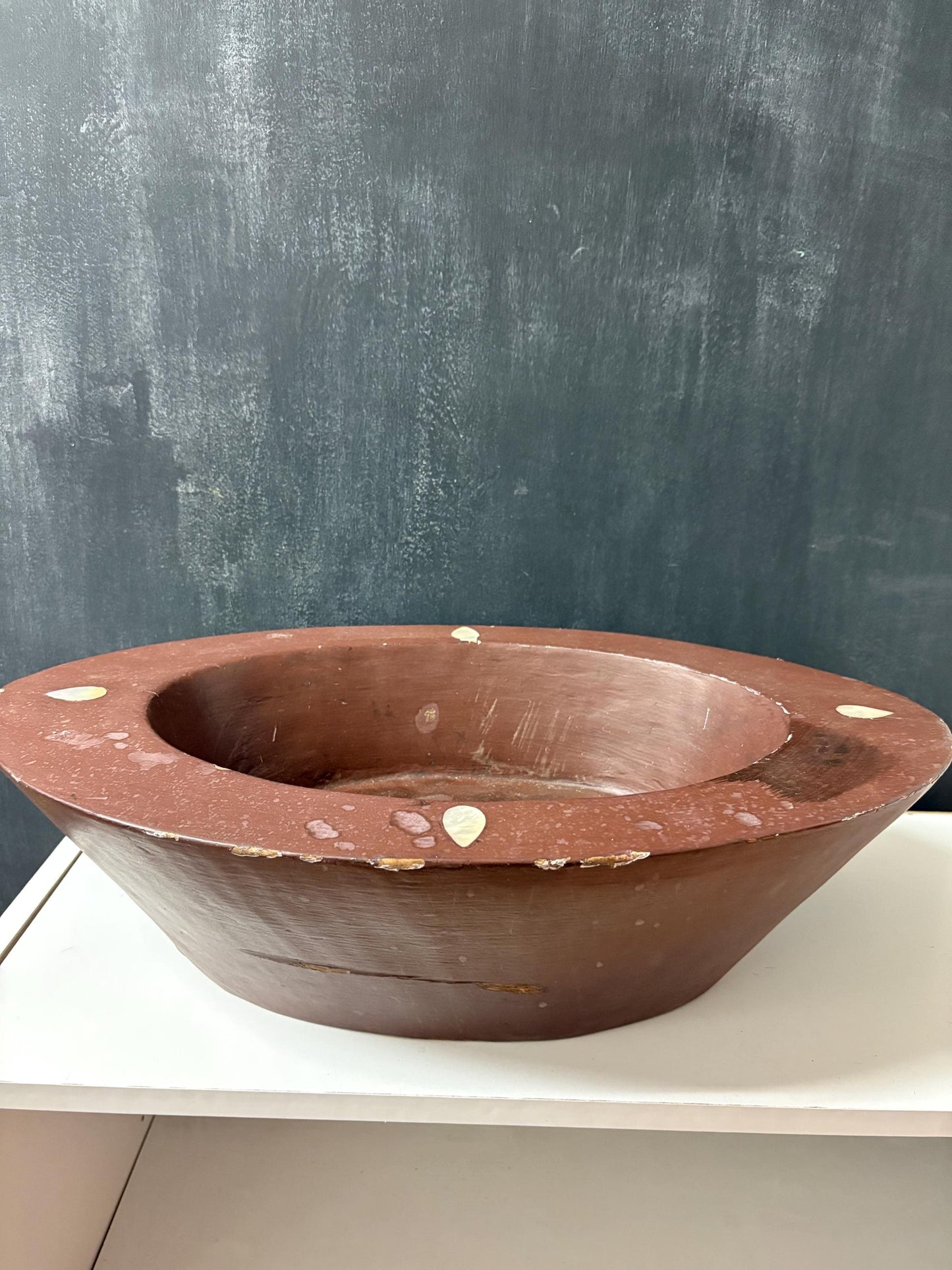 Antique heavy wooden Bowl with abalone inlay - 20 x 12 x 6 high  mystery origin - great decoration, or to use