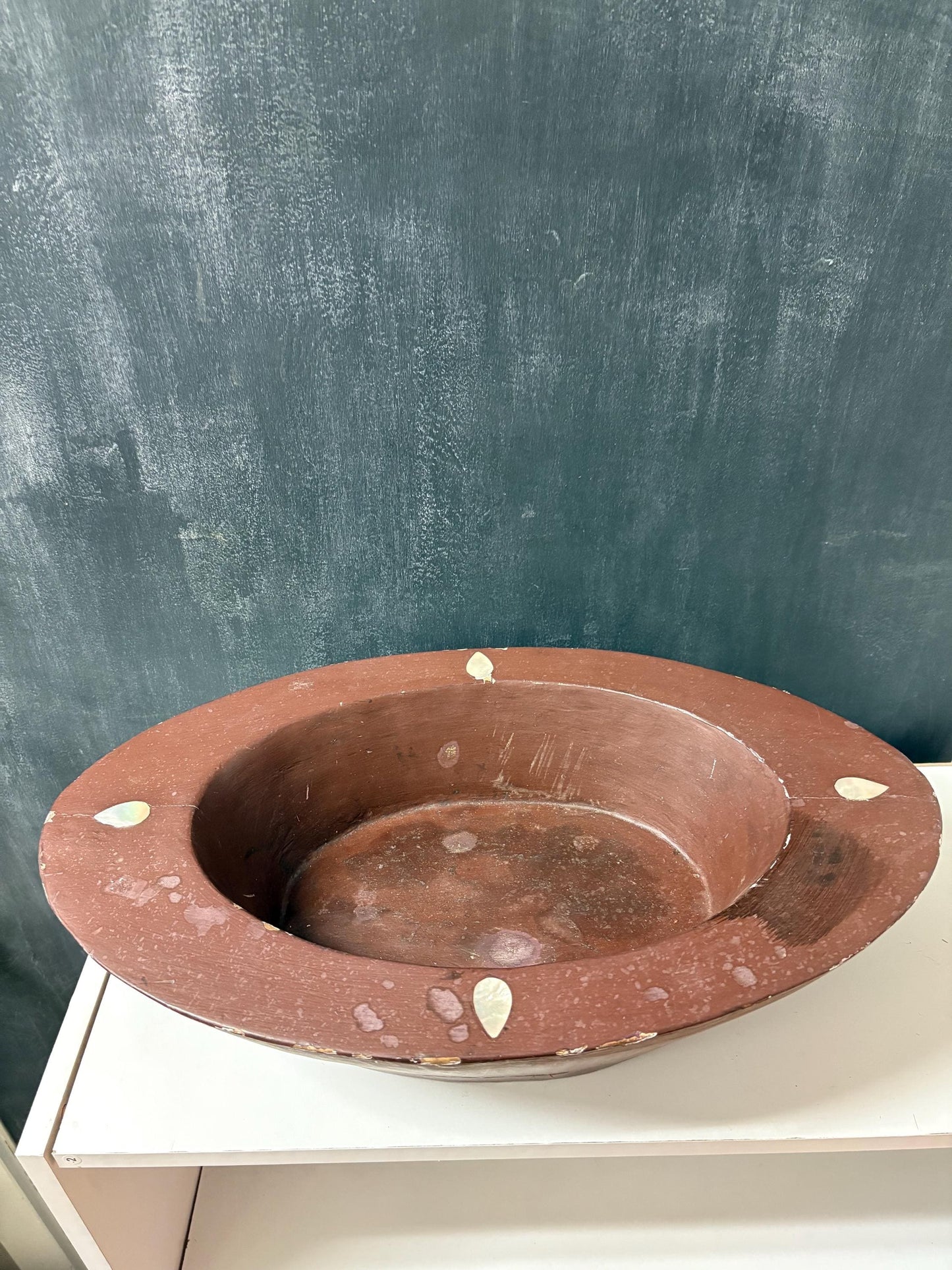 Antique heavy wooden Bowl with abalone inlay - 20 x 12 x 6 high  mystery origin - great decoration, or to use