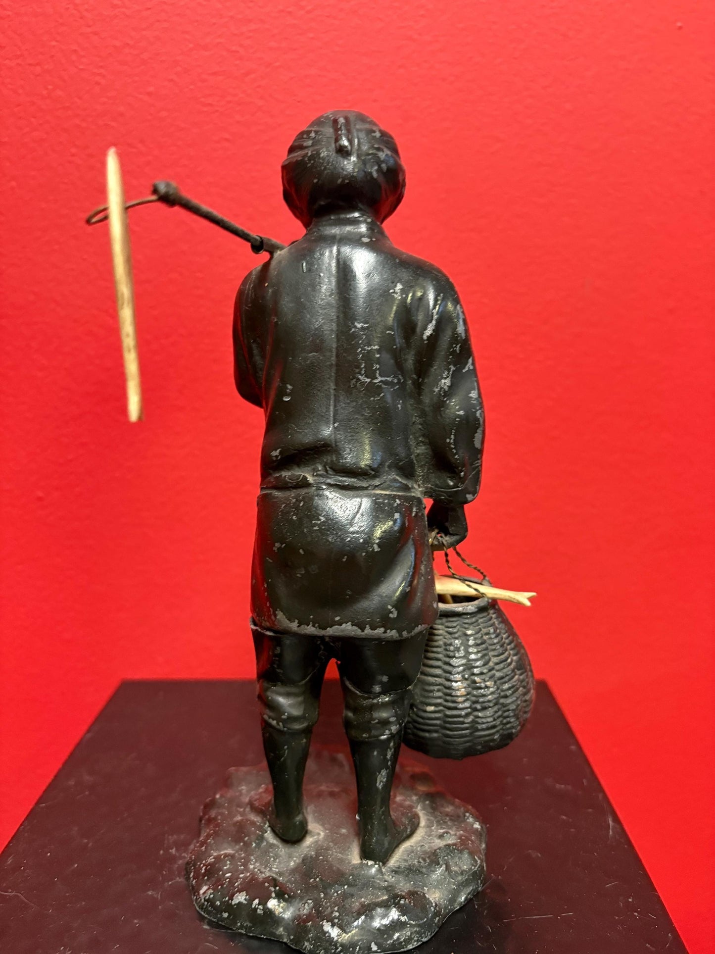 Antique Japanese bronze fisherman with bone fish  8.5 inches tall  see photos  lovely piece  great gift