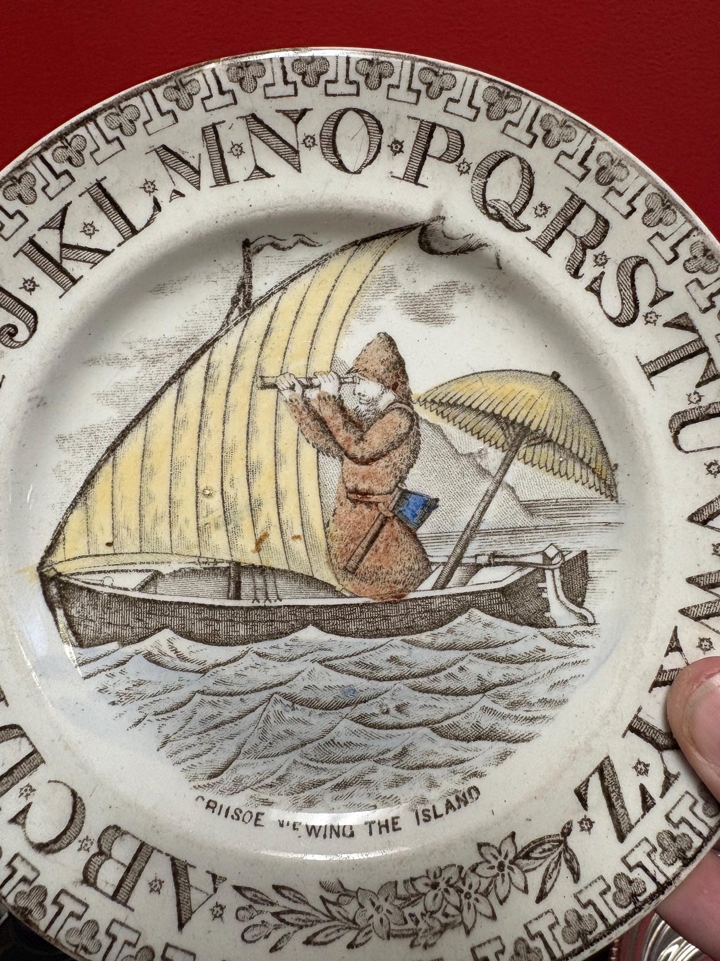 Rare perfect condition English 19 century alphabet plate  wow  abc plate  antique English porcelain  7.25 inches across