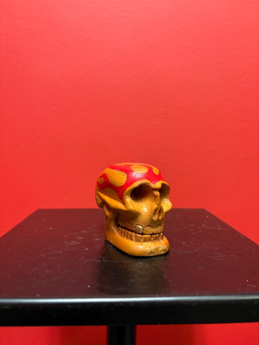 Unique beautiful 2.75 x 2.25 high flaming wood skull with reticulating jaw  great gift