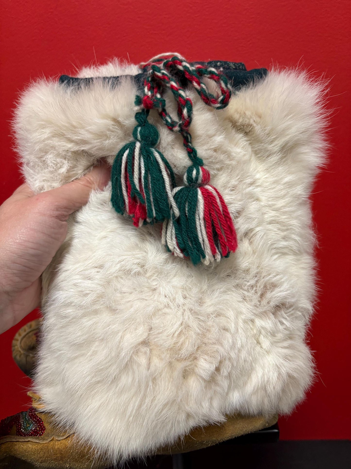 Beautiful indigenous first nations fur leather and beaded moccasin boots  12 x 10 long  As is  great decoration