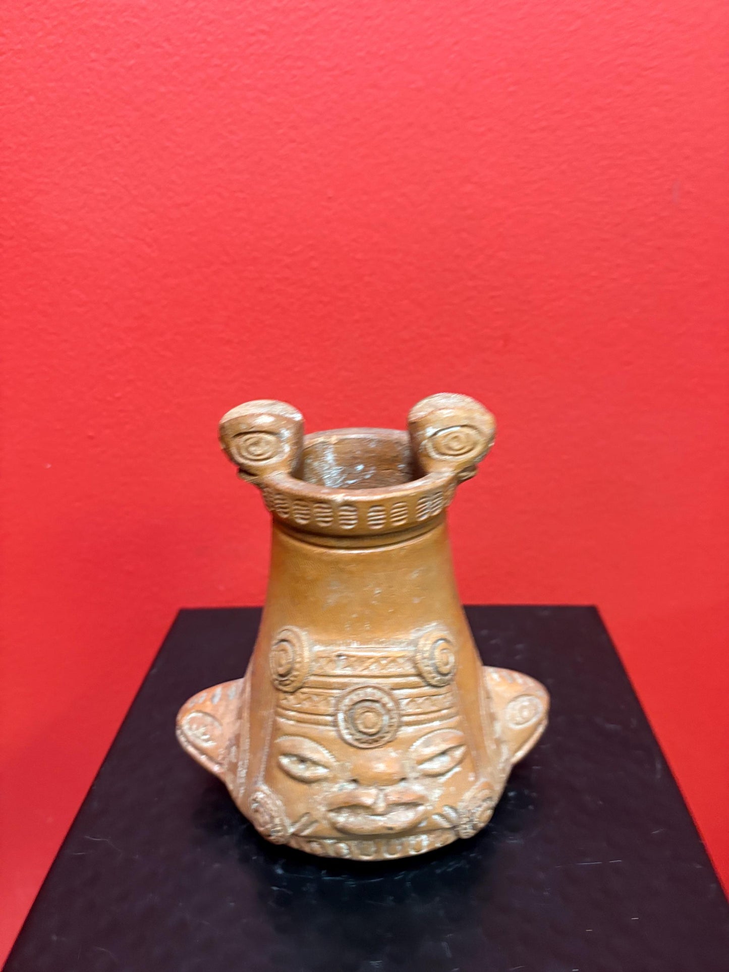 6 inch cool columbian clay ashtray pot  great imagery  older piece  no provenance  great price