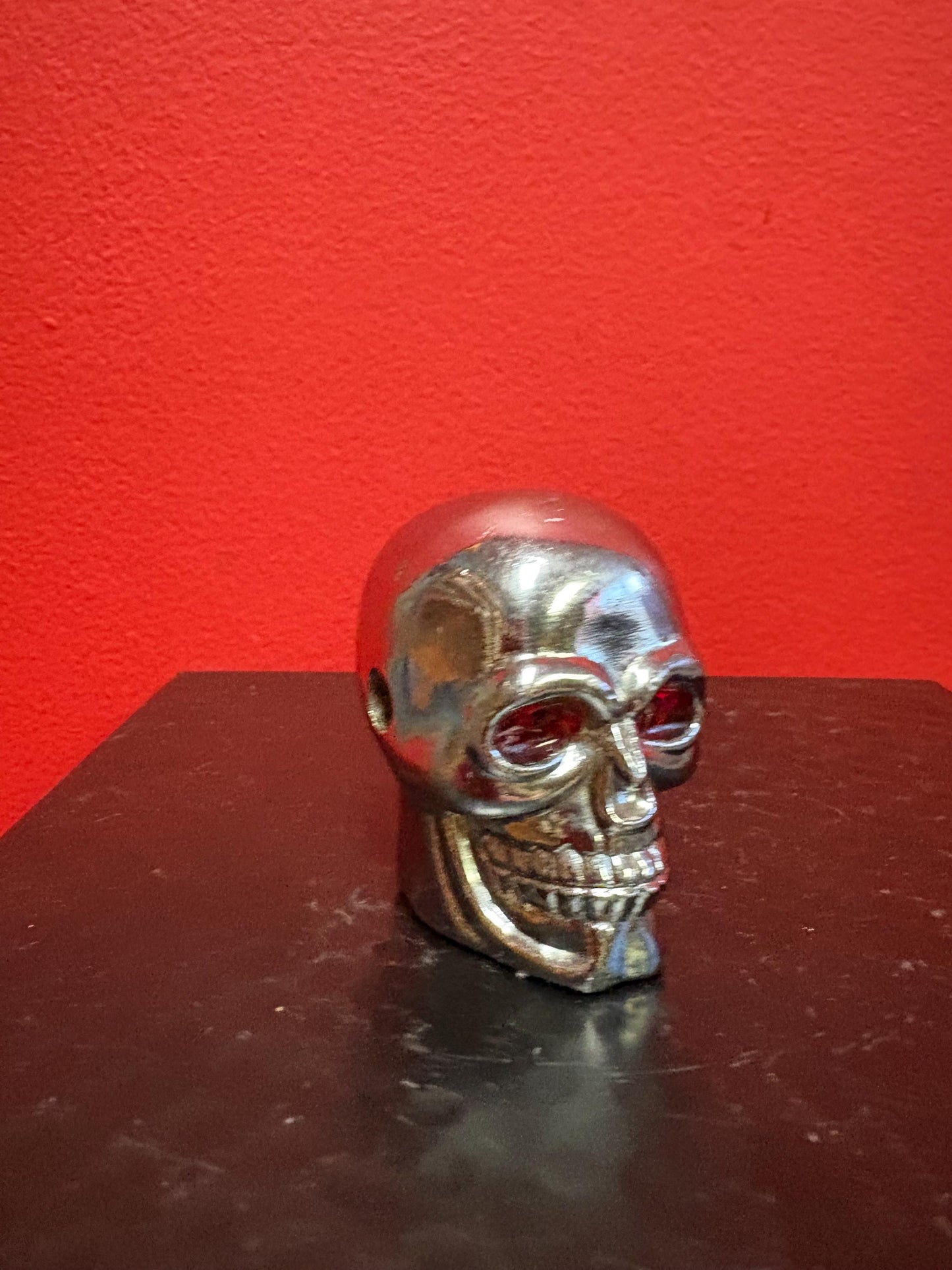 Amazing vintage American chrome 2.4 inch high stick shift handle in the shape of a skull  crazy cool and very heavy