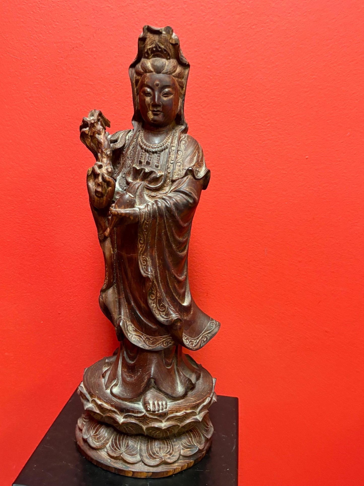 Magnificent Chinese Rosewood well detailed statue of QUAN YIN  heavy and 15 inches tall a stunner  see photos