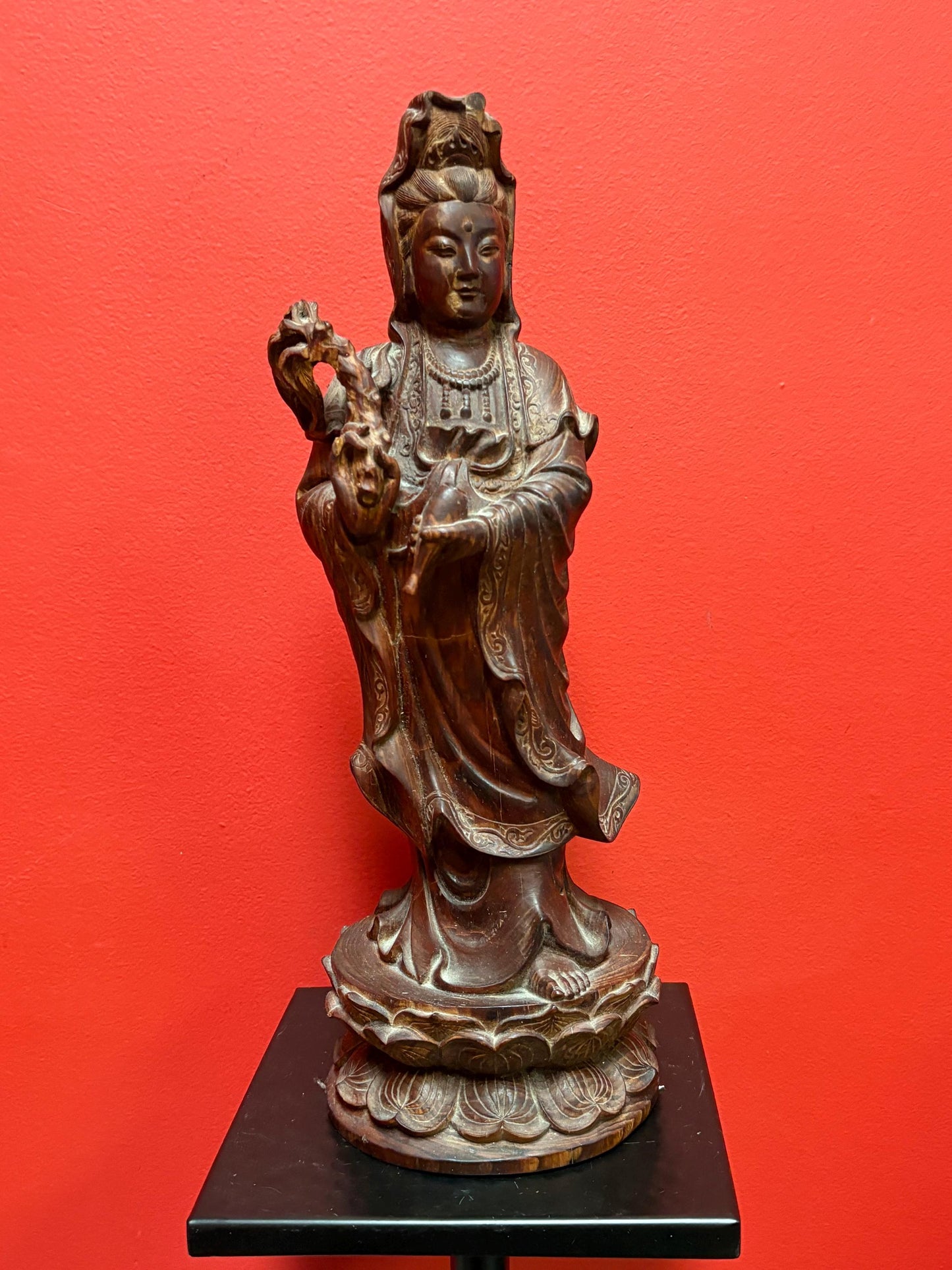 Magnificent Chinese Rosewood well detailed statue of QUAN YIN  heavy and 15 inches tall a stunner  see photos