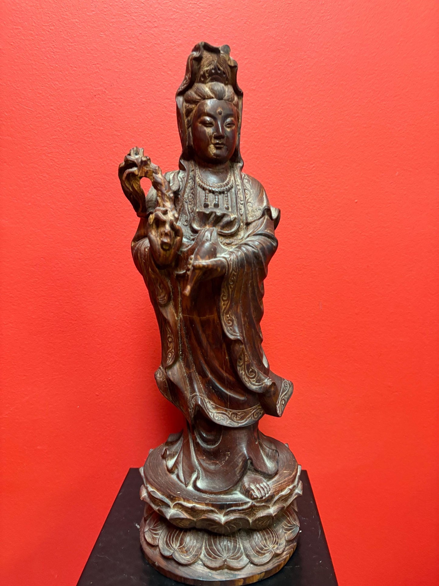 Magnificent Chinese Rosewood well detailed statue of QUAN YIN  heavy and 15 inches tall a stunner  see photos